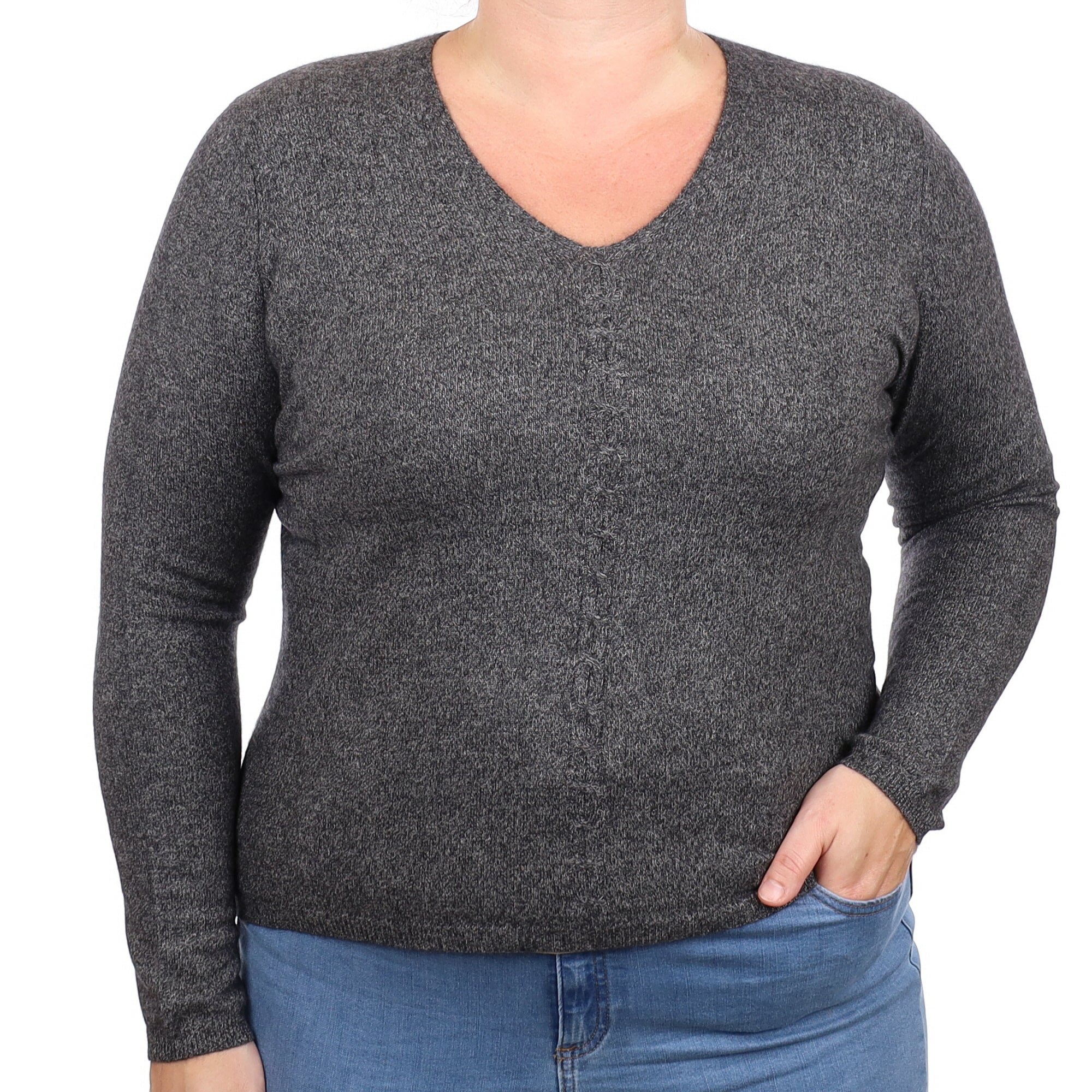 Charcoal Grey Marl Cashmere V Neck Jumper Large