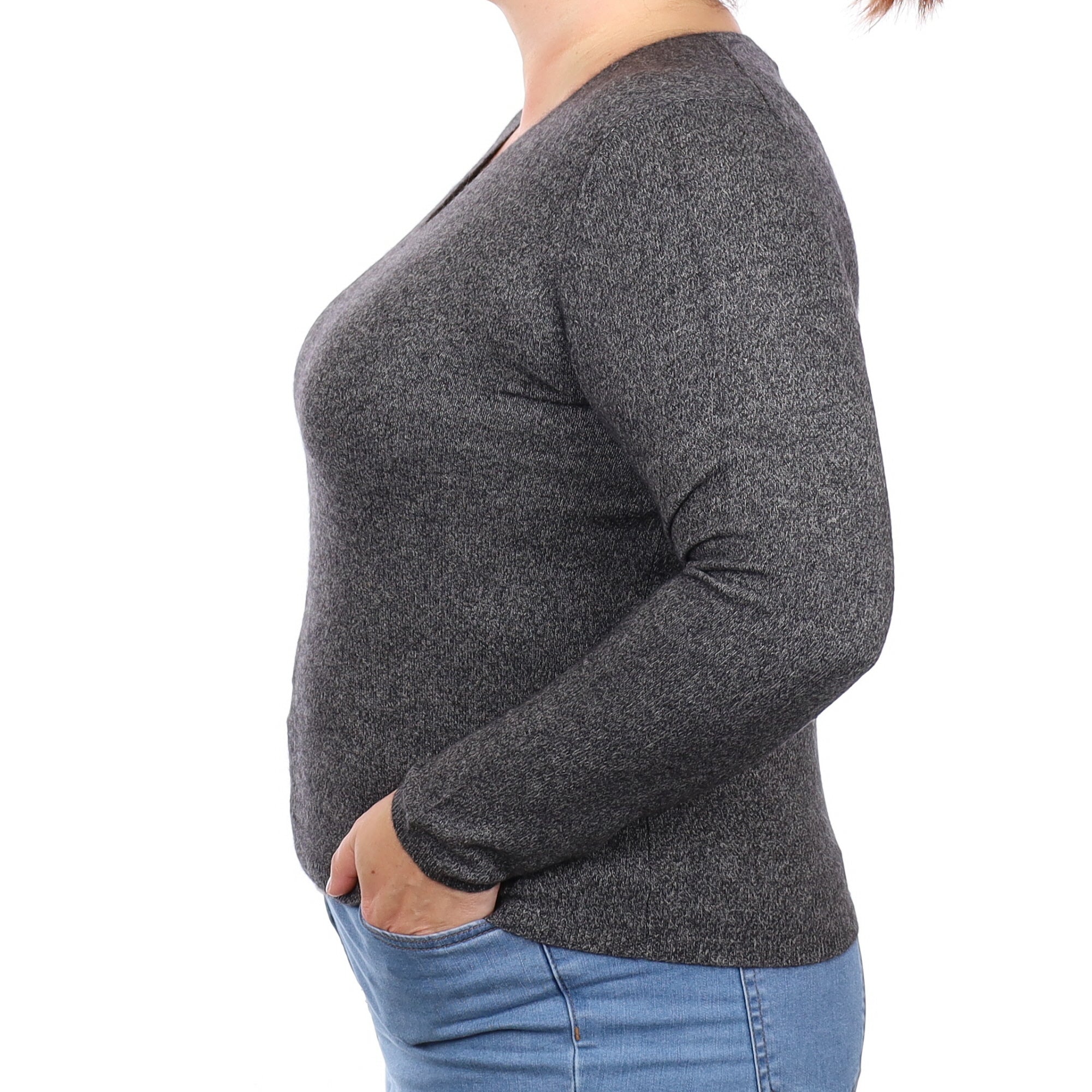 Charcoal Grey Marl Cashmere V Neck Jumper Large