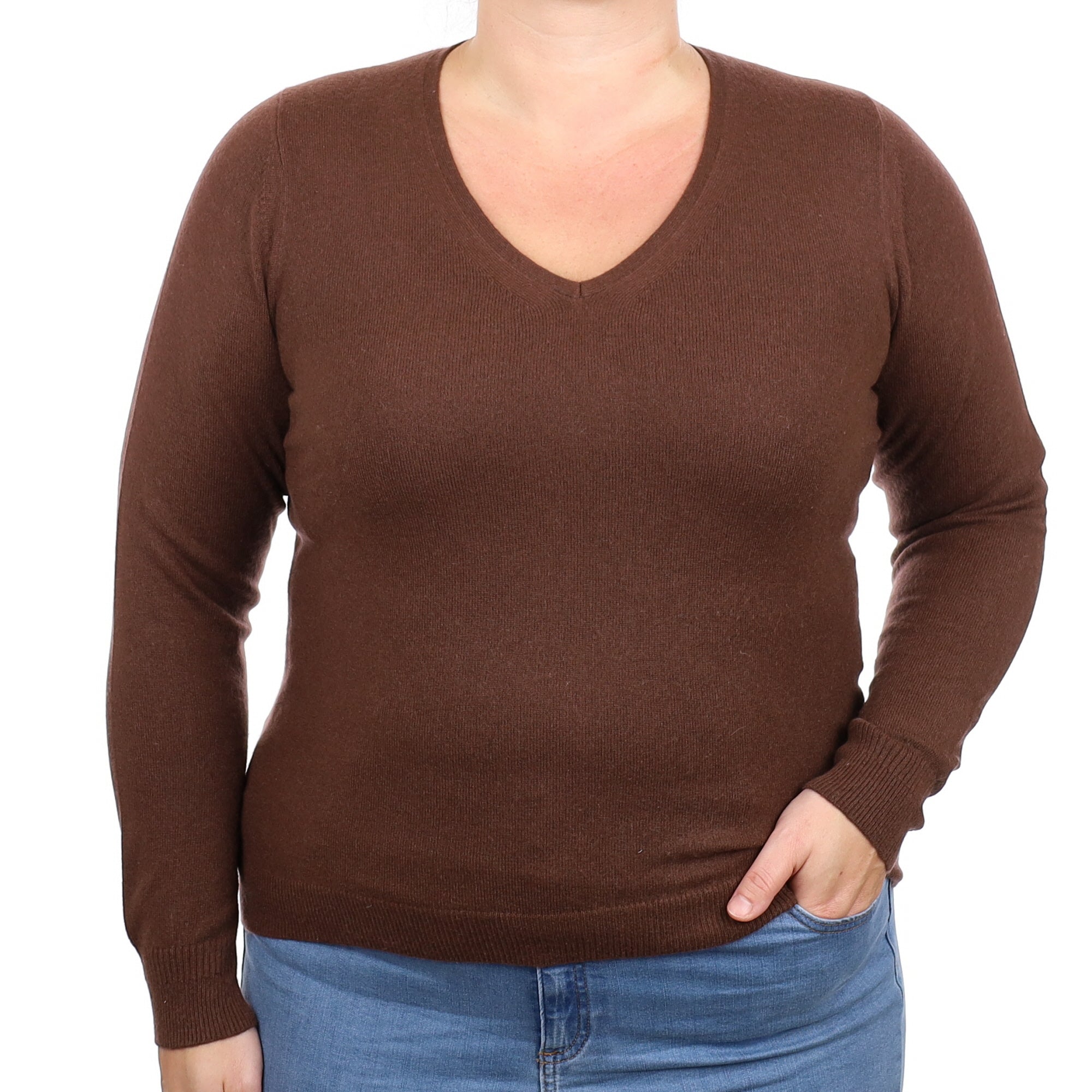 Chocolate Brown Cashmere V Neck Jumper Large