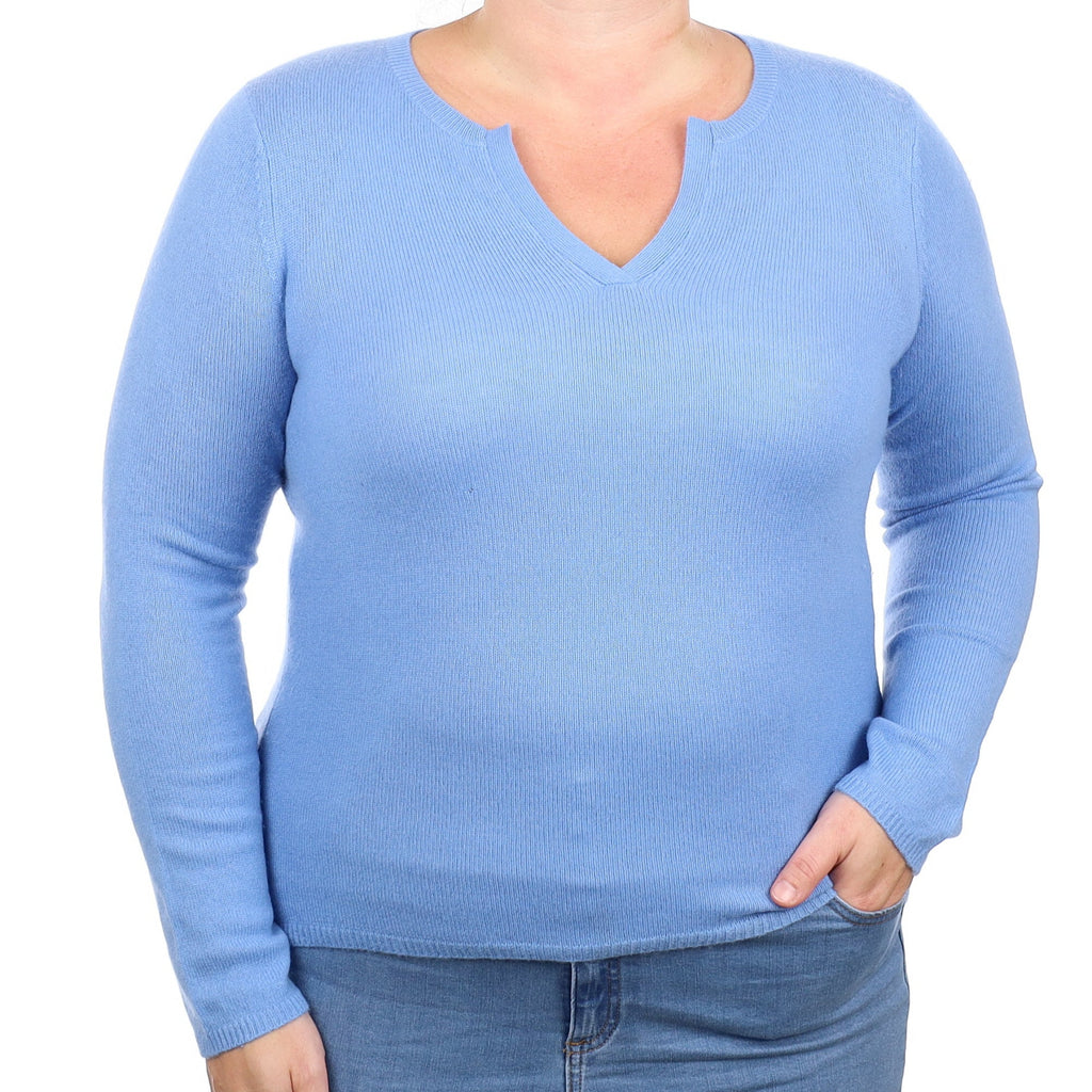 Cornflower Blue Cashmere V Neck Jumper Large