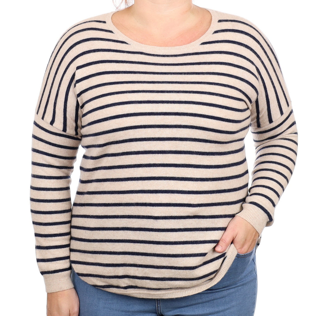 Oatmeal Navy Stripe Cashmere Crew Neck Jumper Large