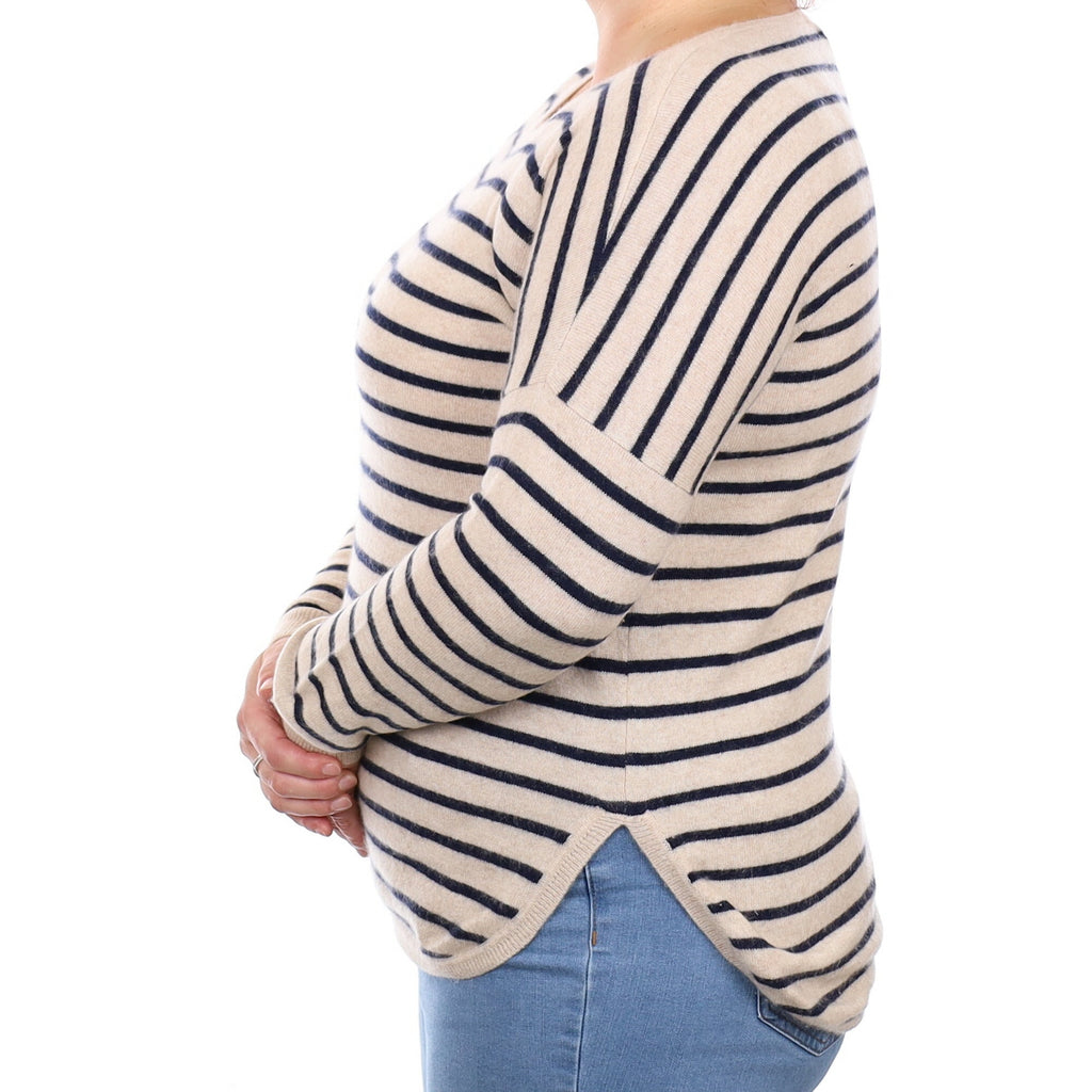 Oatmeal Navy Stripe Cashmere Crew Neck Jumper Large