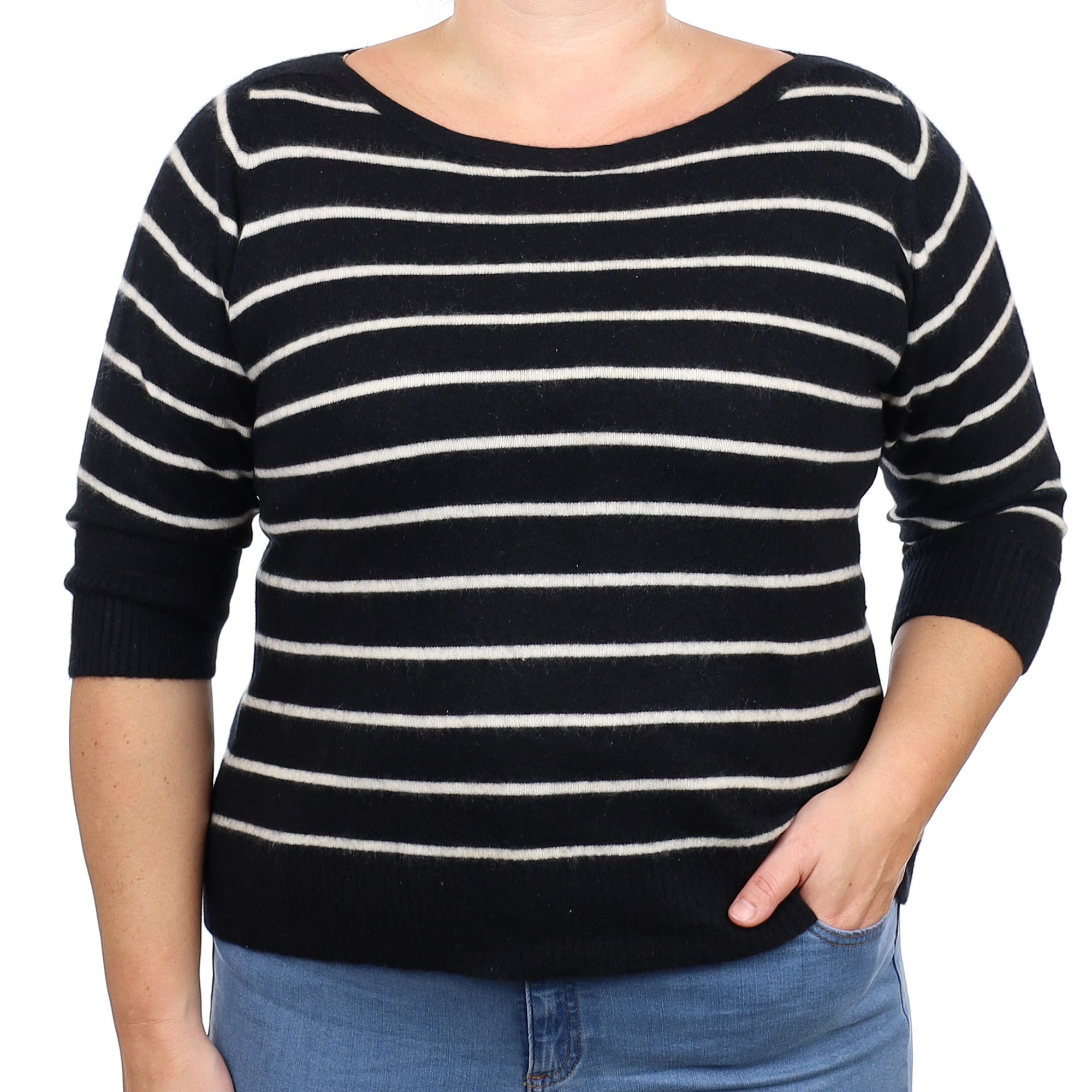Black Striped Cashmere Boat Neck Jumper Large
