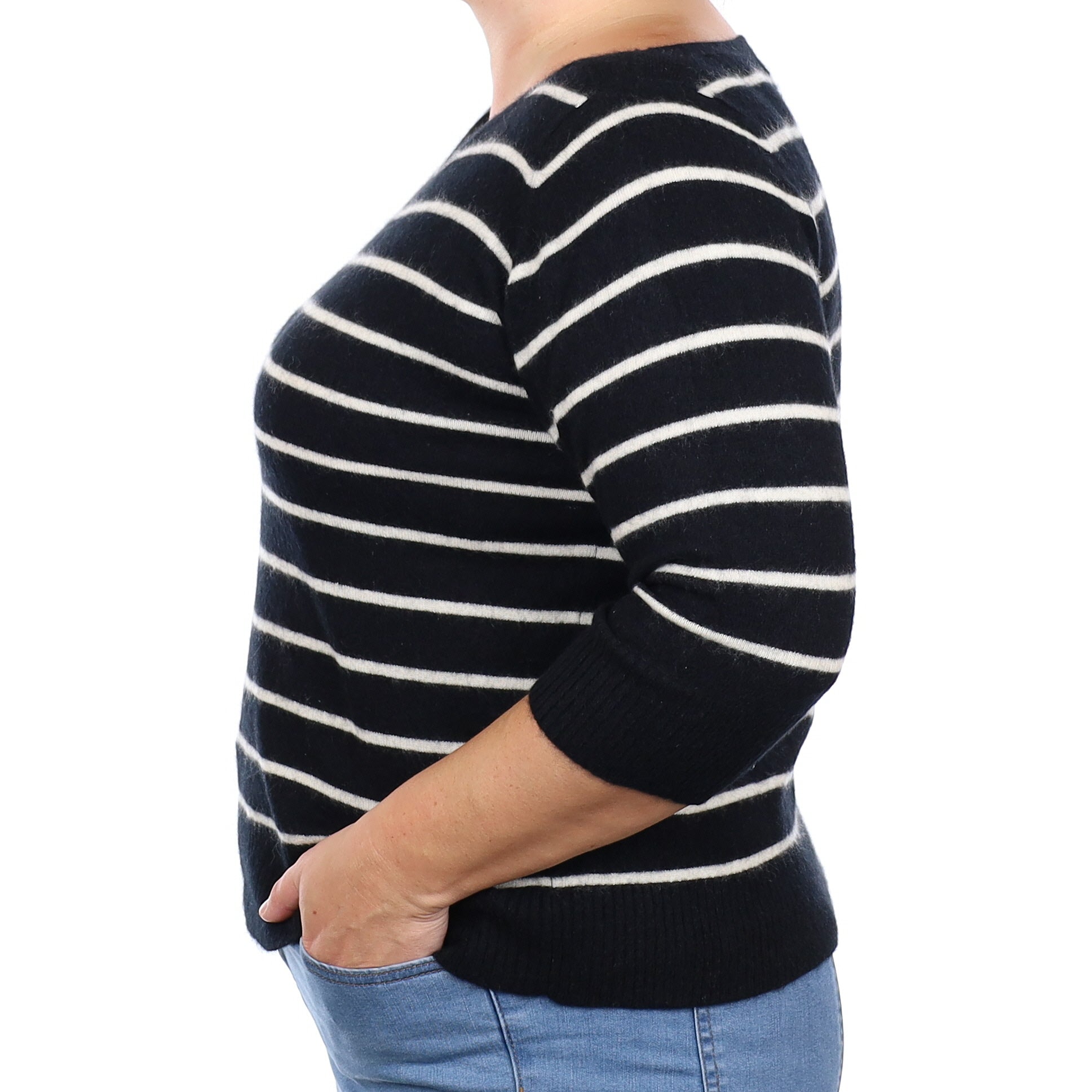 Black Striped Cashmere Boat Neck Jumper Large
