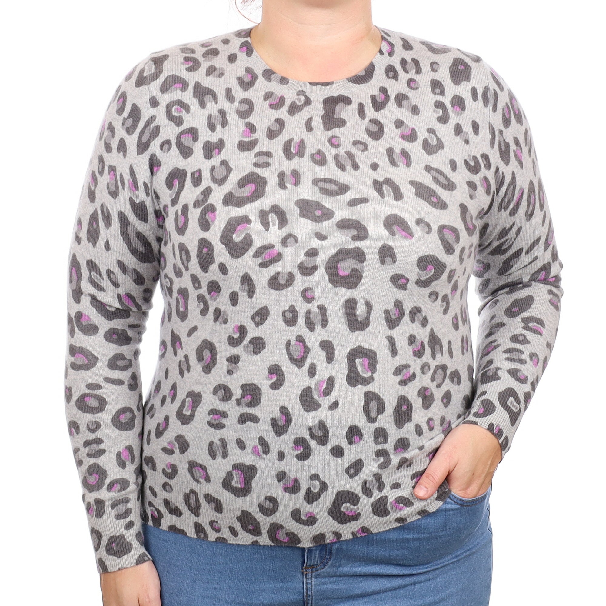 Smoke Grey Animal Print Cashmere Crew Neck Jumper Large