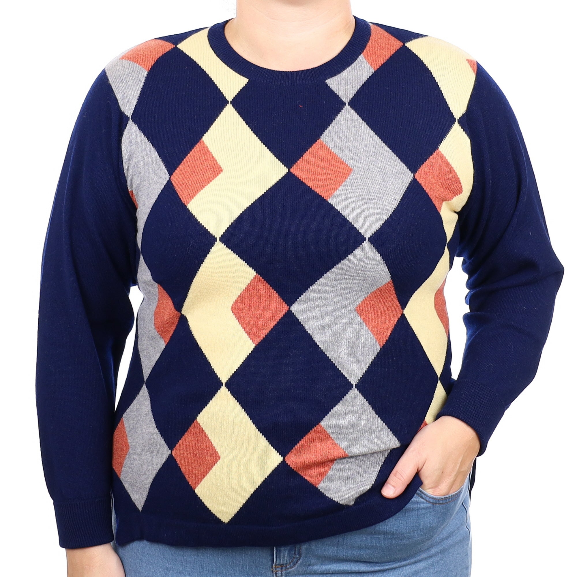 Navy Diamond Cashmere Crew Neck Jumper Large