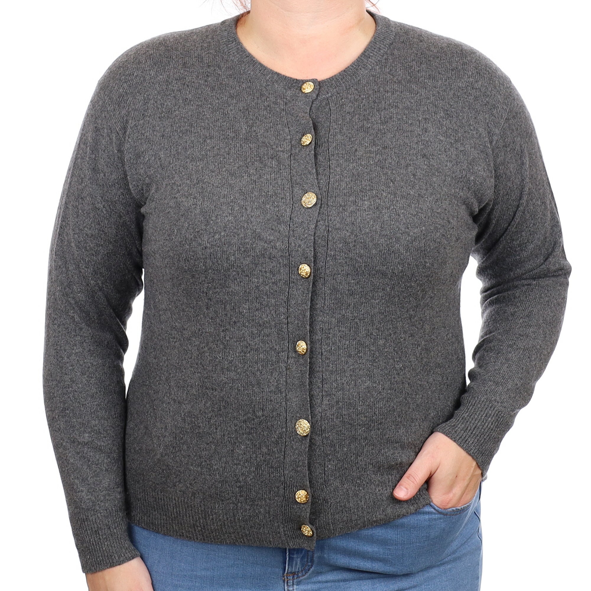 Charcoal Grey Cashmere Crew Neck Cardigan Large