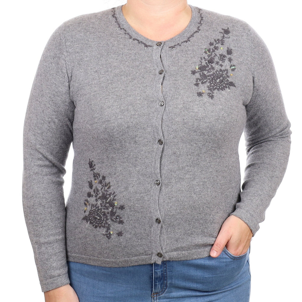 Ash Grey Embroidered Cashmere Crew Neck Cardigan Large