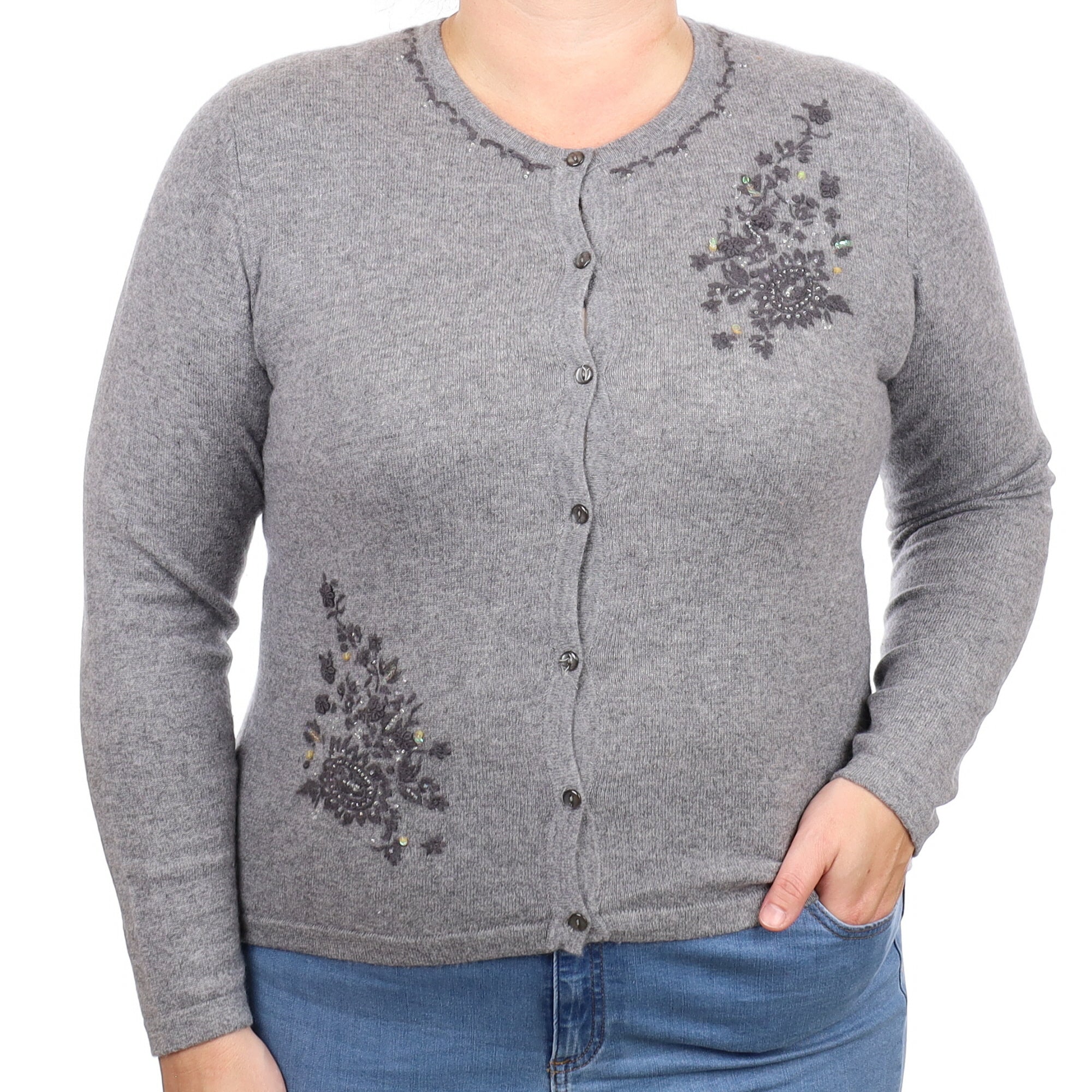 Ash Grey Embroidered Cashmere Crew Neck Cardigan Large