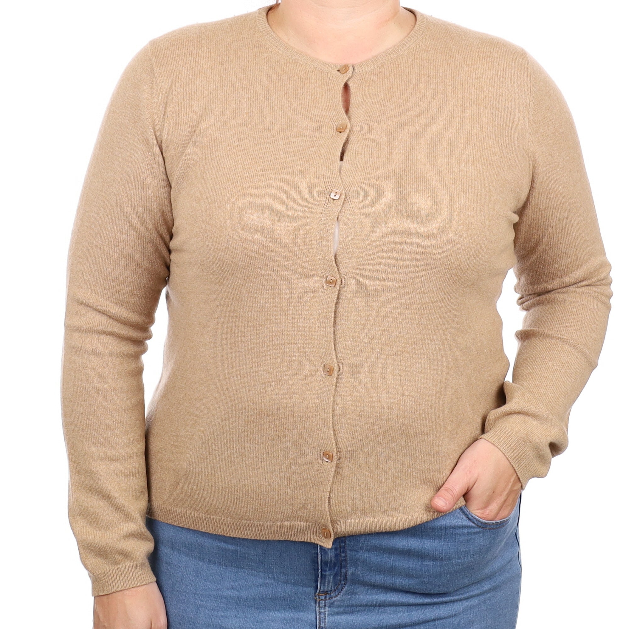 Caramel Brown Cashmere Crew Neck Cardigan Large