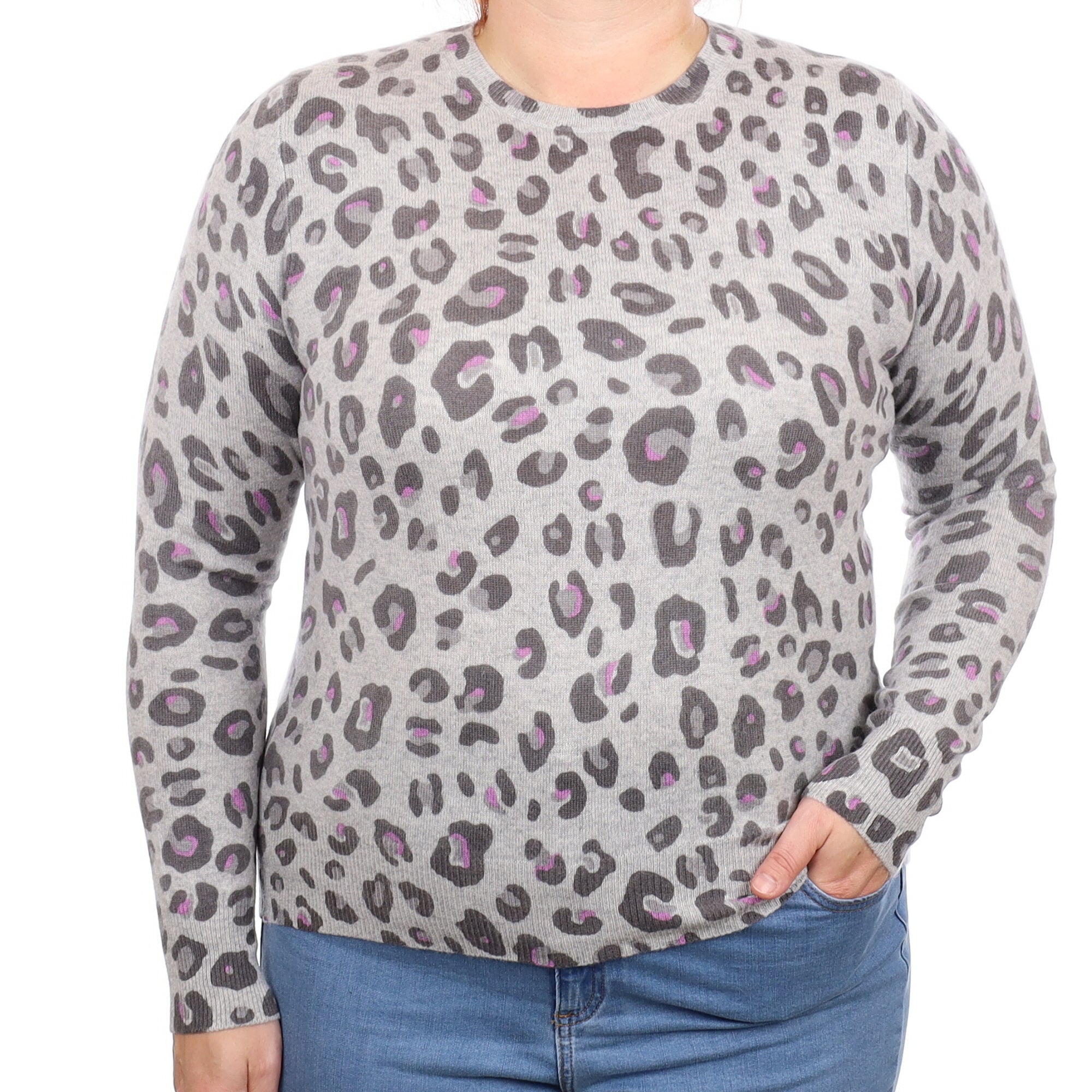 Grey Animal Print Cashmere Crew Neck Jumper Large