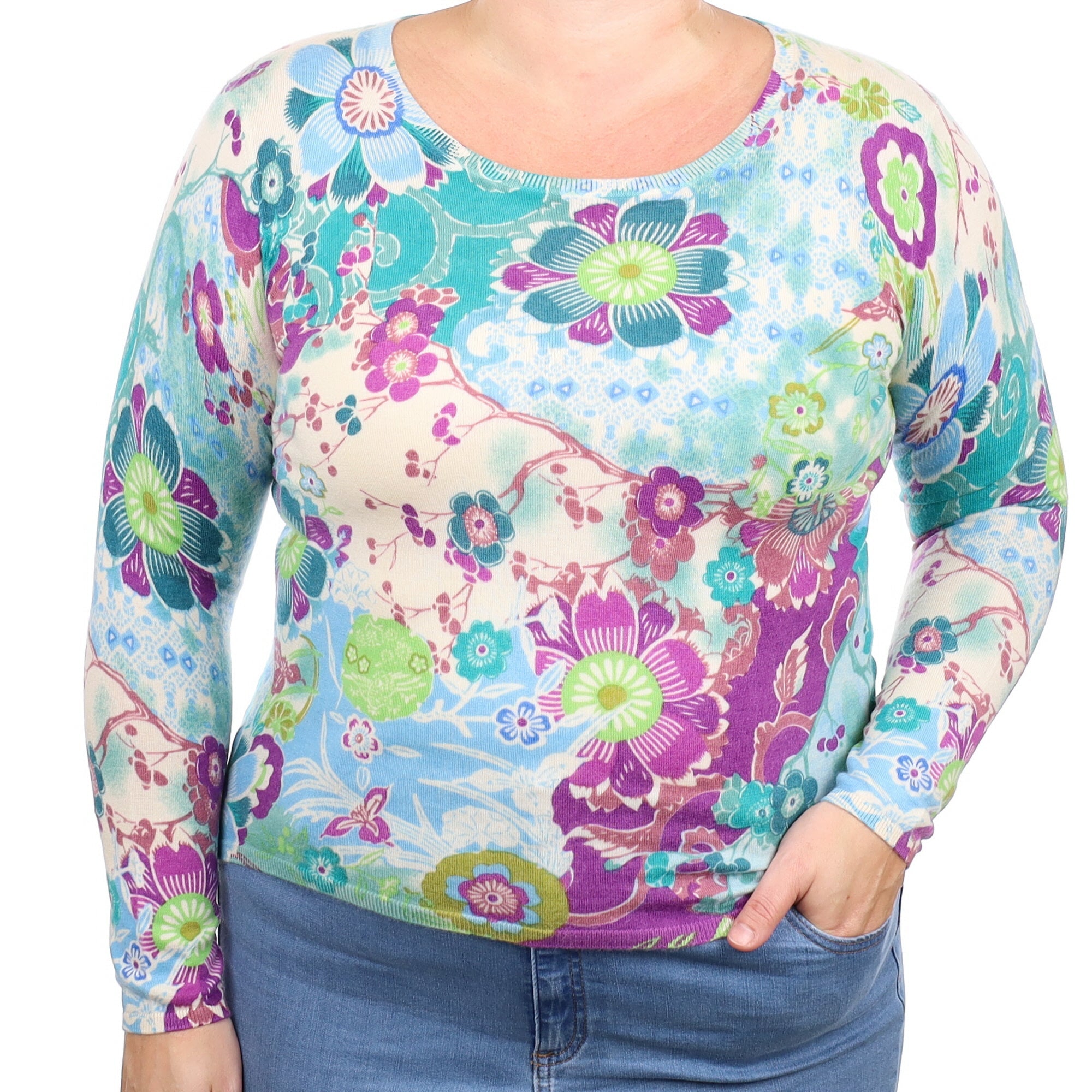 Aqua and viola Floral Cashmere Crew Neck Jumper Large