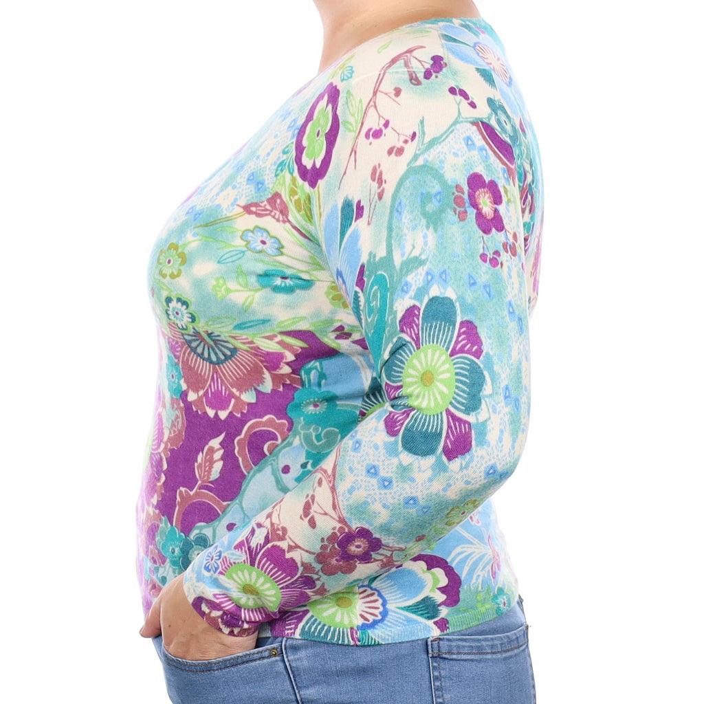 Aqua and viola Floral Cashmere Crew Neck Jumper Large