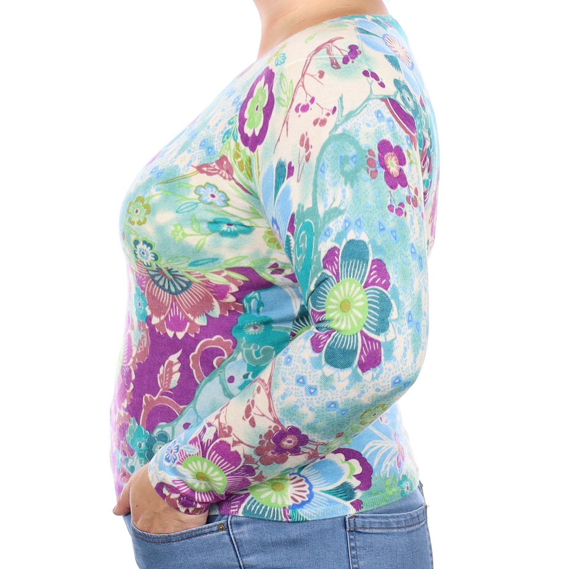 Aqua and viola Floral Cashmere Crew Neck Jumper Large