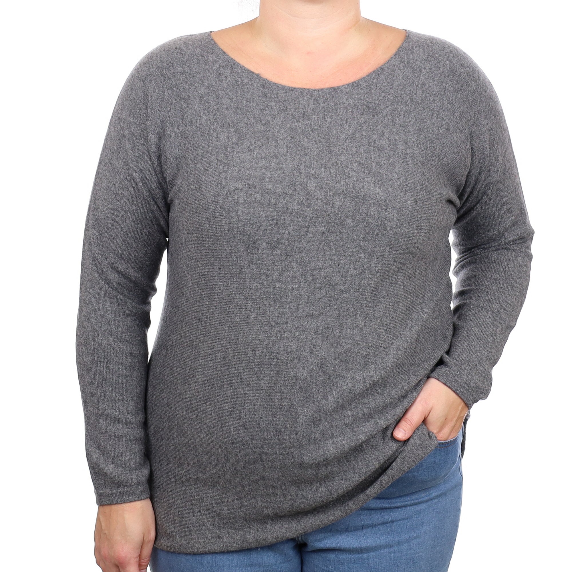 Slate Grey Cashmere Wide Crew Neck Jumper With Button Back Large