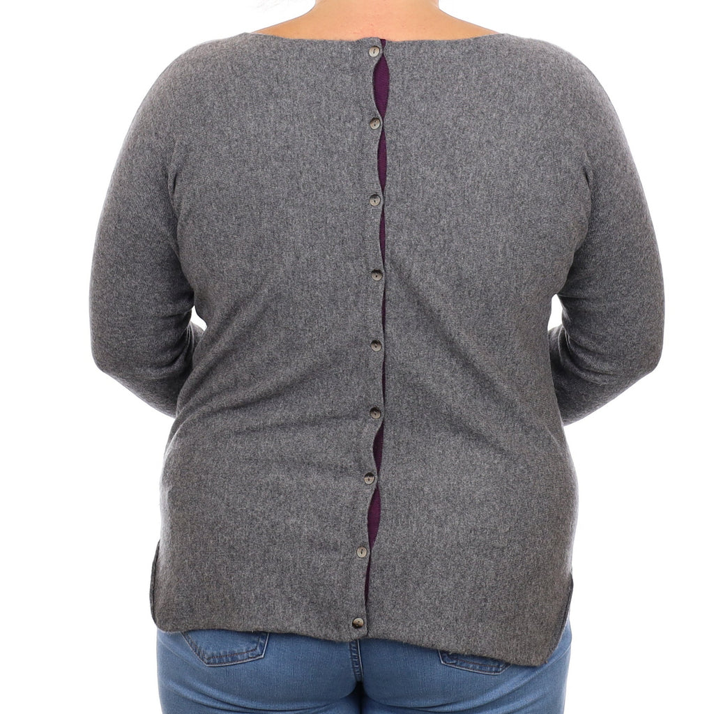 Slate Grey Cashmere Wide Crew Neck Jumper With Button Back Large