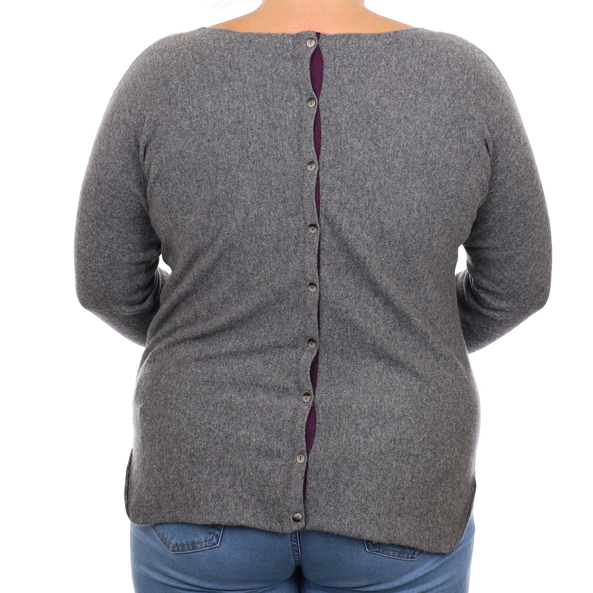 Slate Grey Cashmere Wide Crew Neck Jumper With Button Back Large