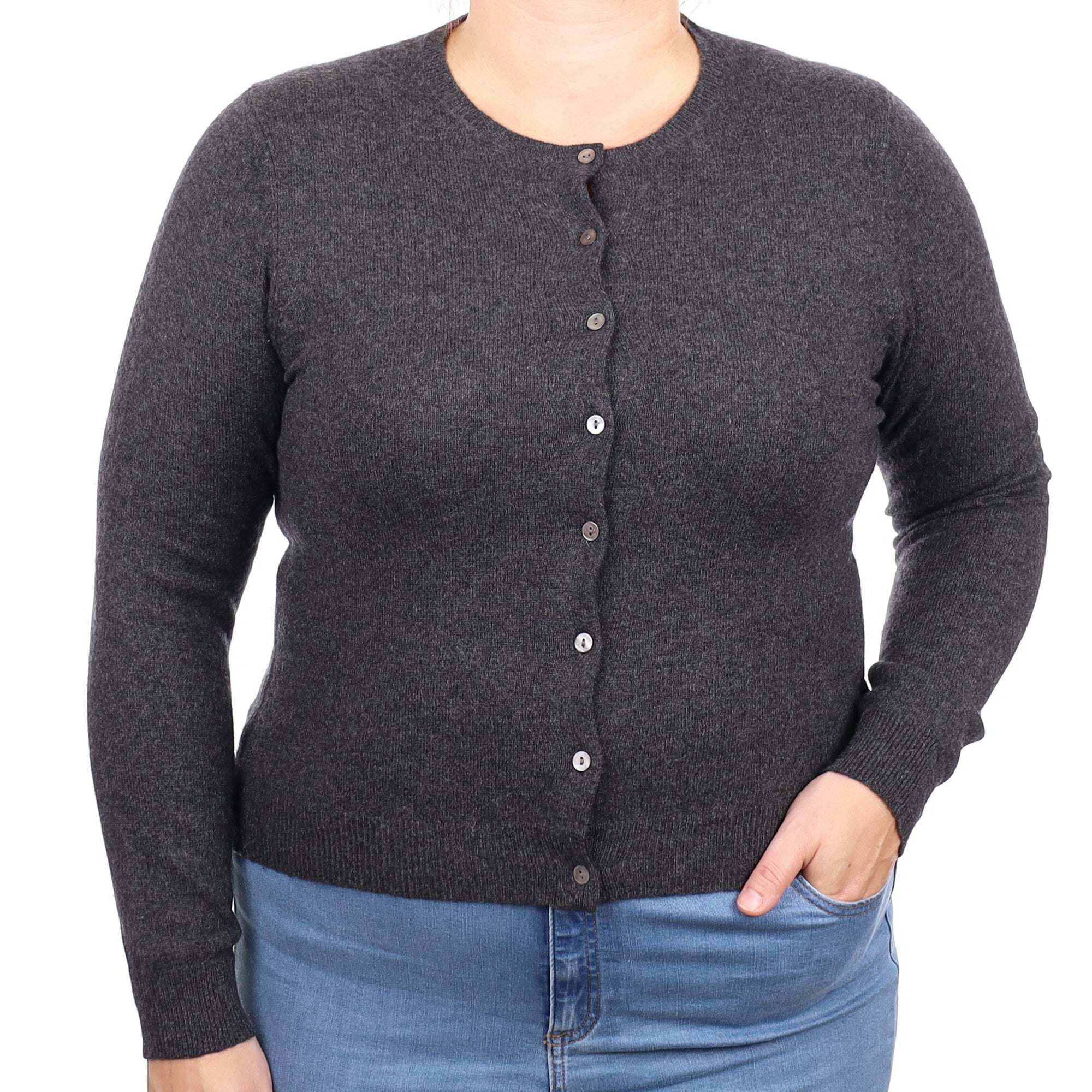 Charcoal Grey Cashmere Crew Neck Cardigan Large