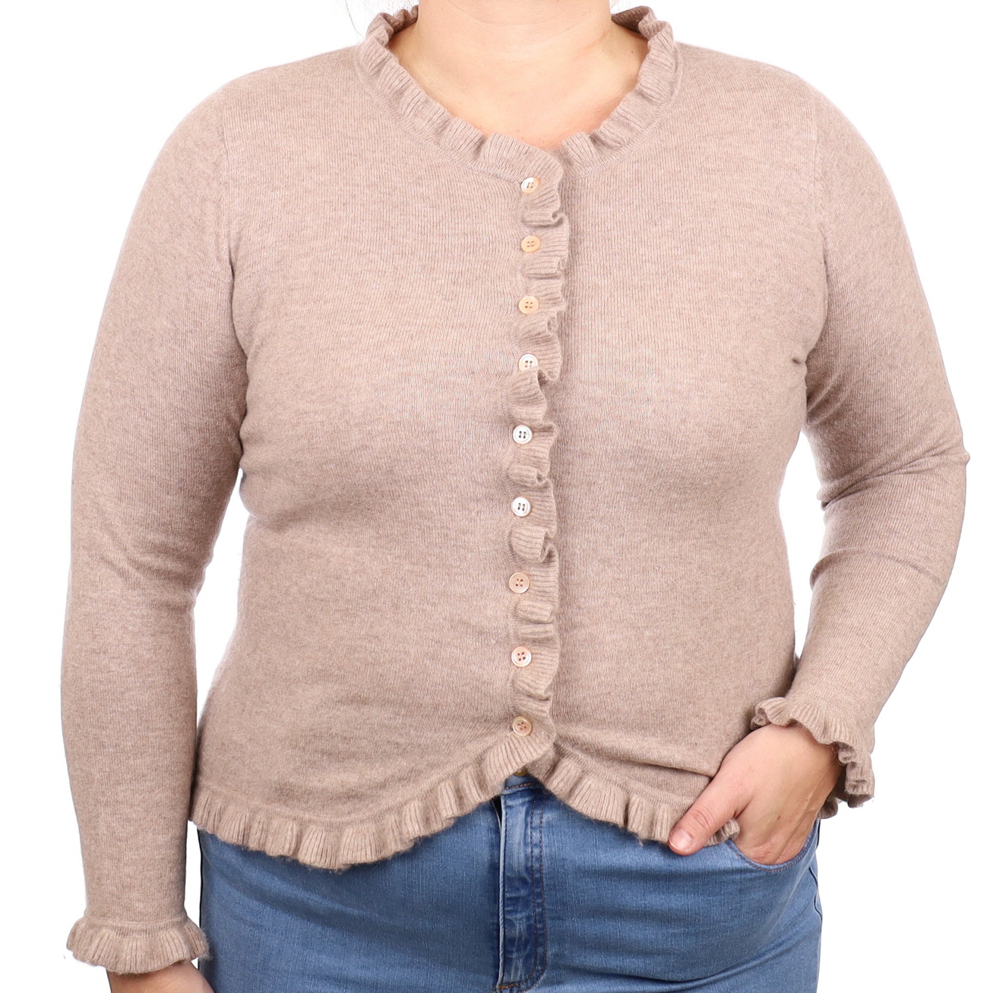 Taupe Ruffle Edged Cashmere Crew Neck Cardigan Large