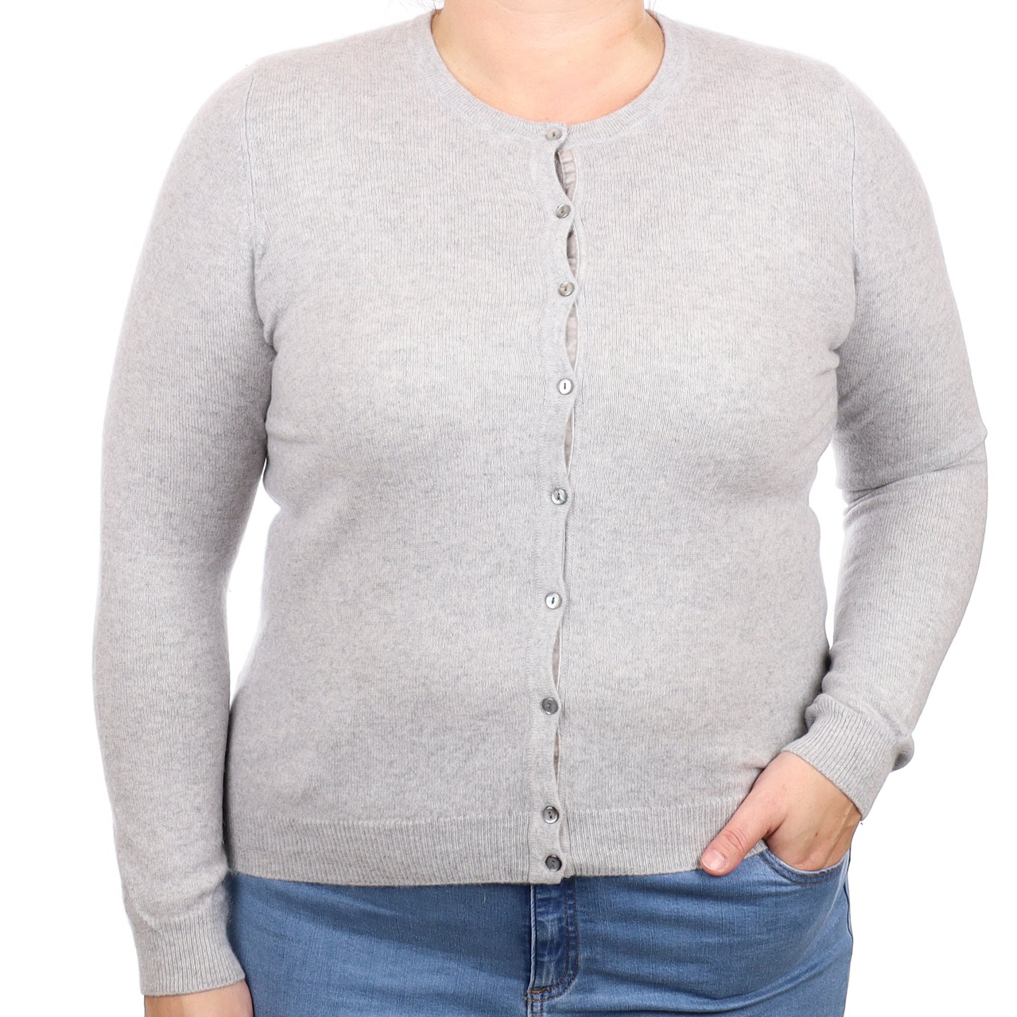 Mist Grey Cashmere Crew Neck Cardigan Large