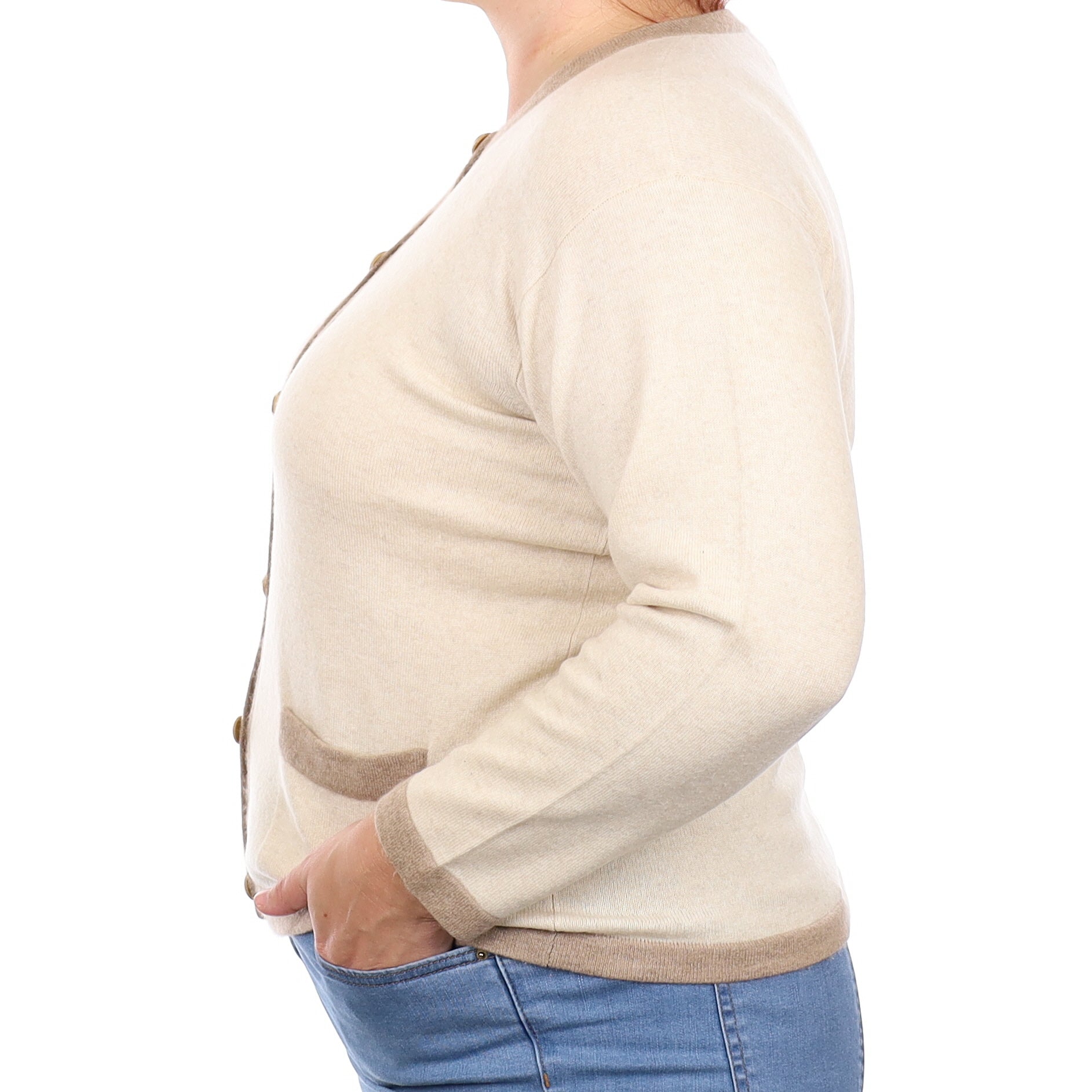 Scottish Oatmeal and Mocha Cashmere Crew Neck Cardigan Large