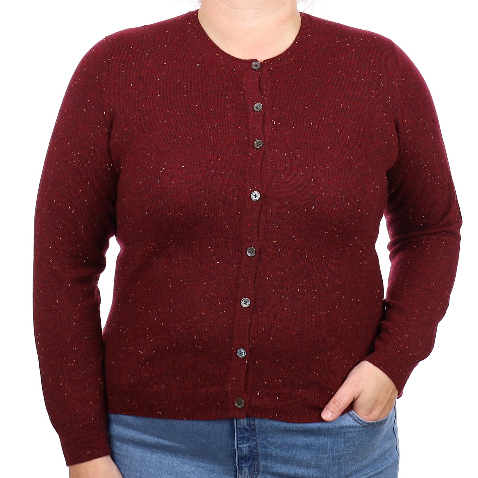 Wine Red Fleck Cashmere Crew Neck Cardigan Large
