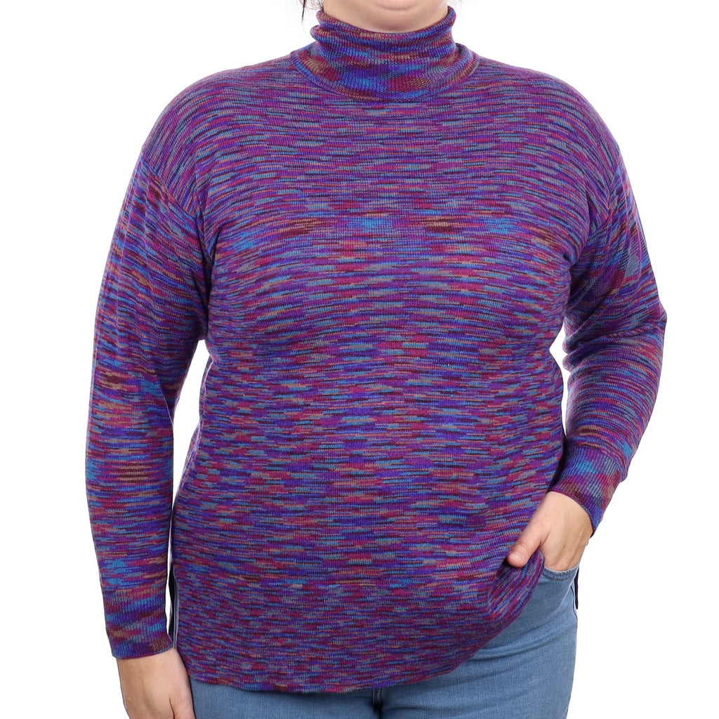 Purple Patterned Cashmere Polo Neck Jumper Large