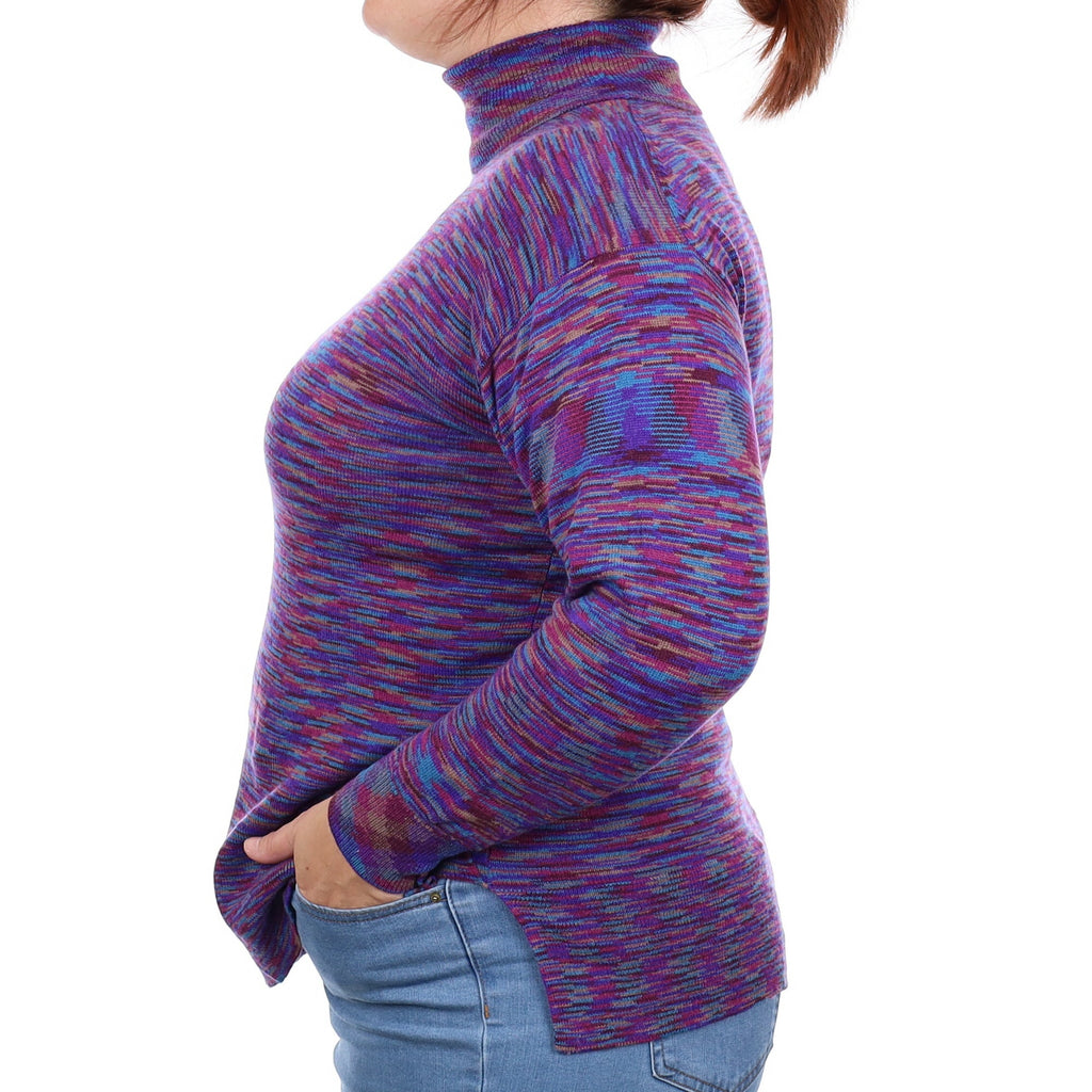 Purple Patterned Cashmere Polo Neck Jumper Large