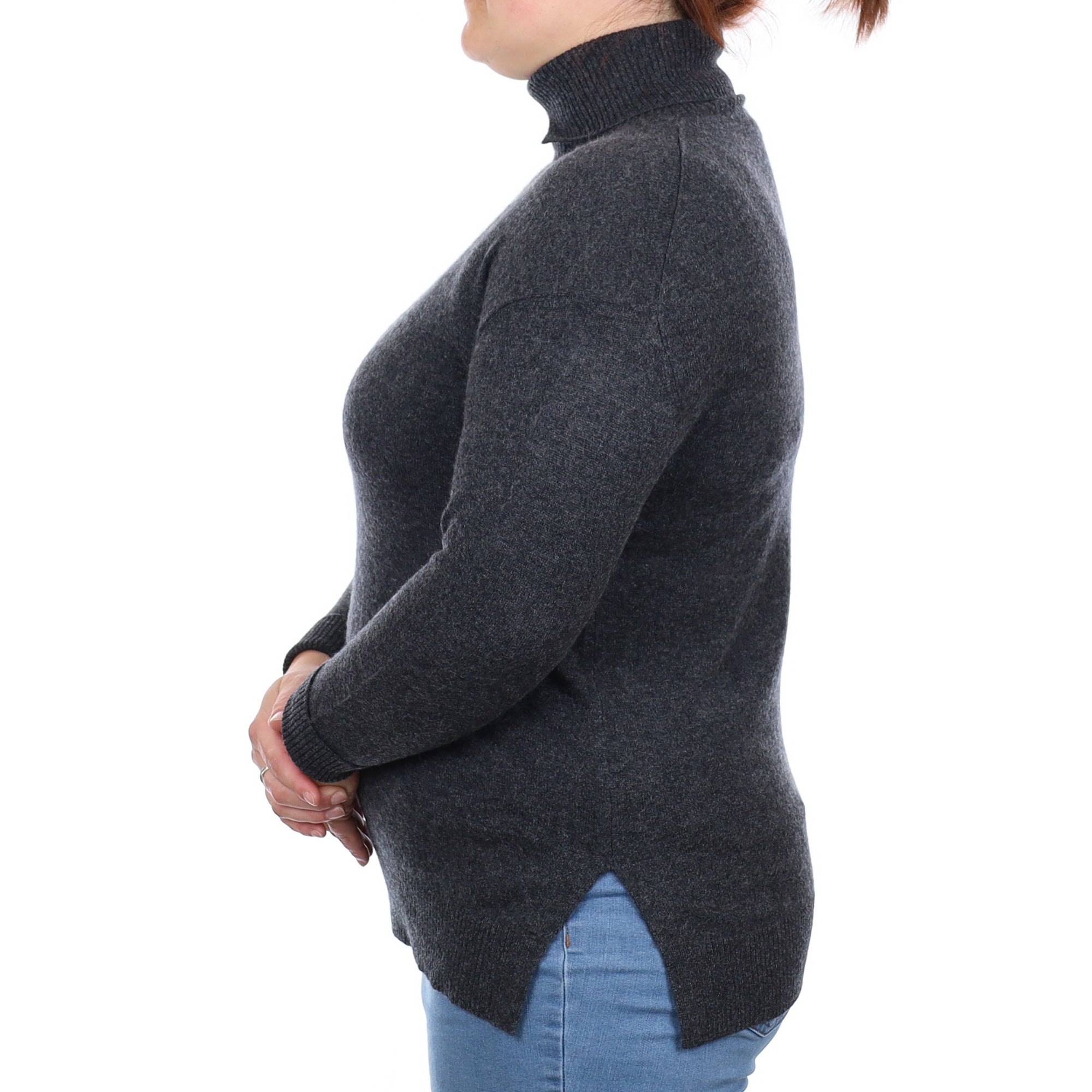 Charcoal Grey Cashmere Split Polo Neck Jumper Large