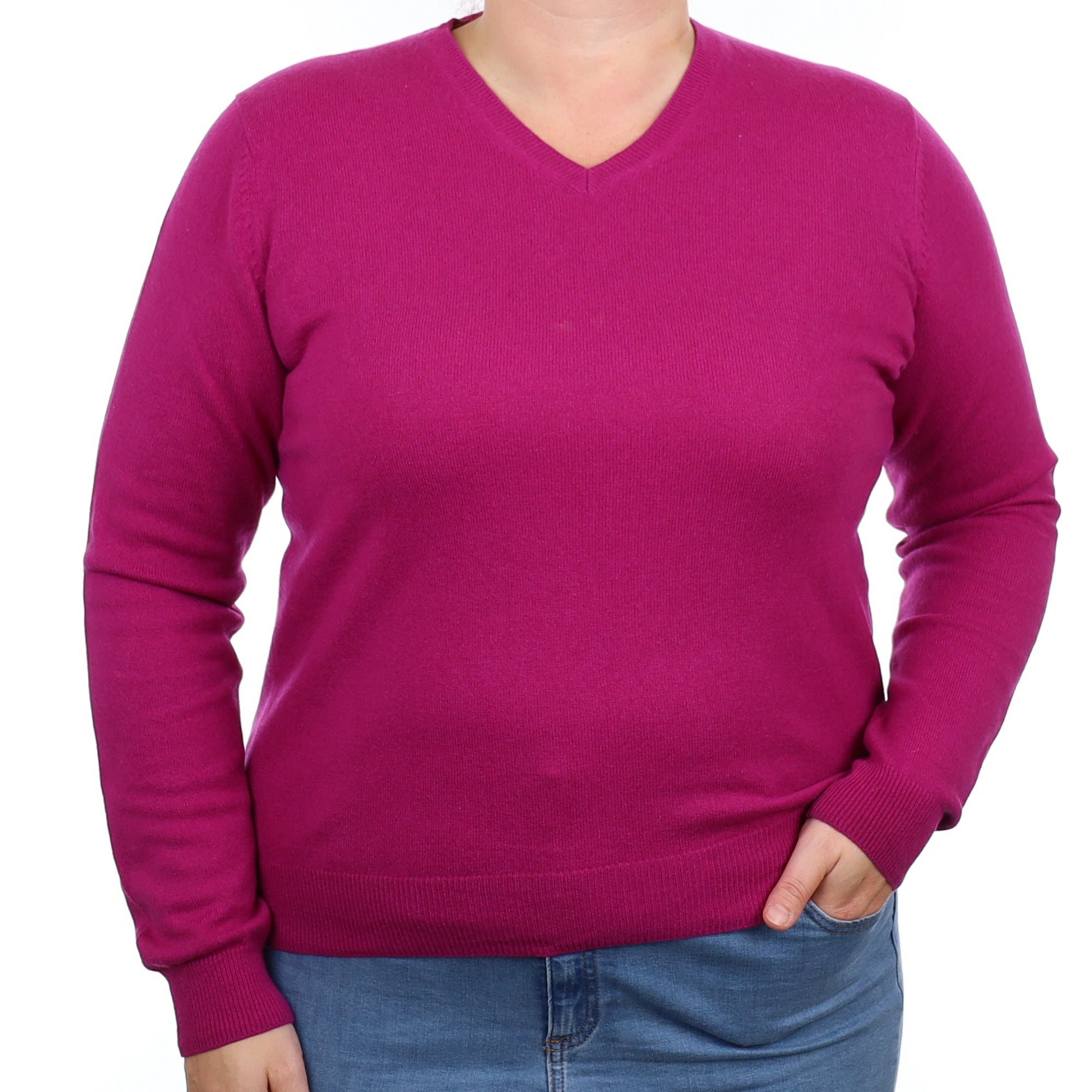 Magenta Pink Cashmere V Neck Jumper Large