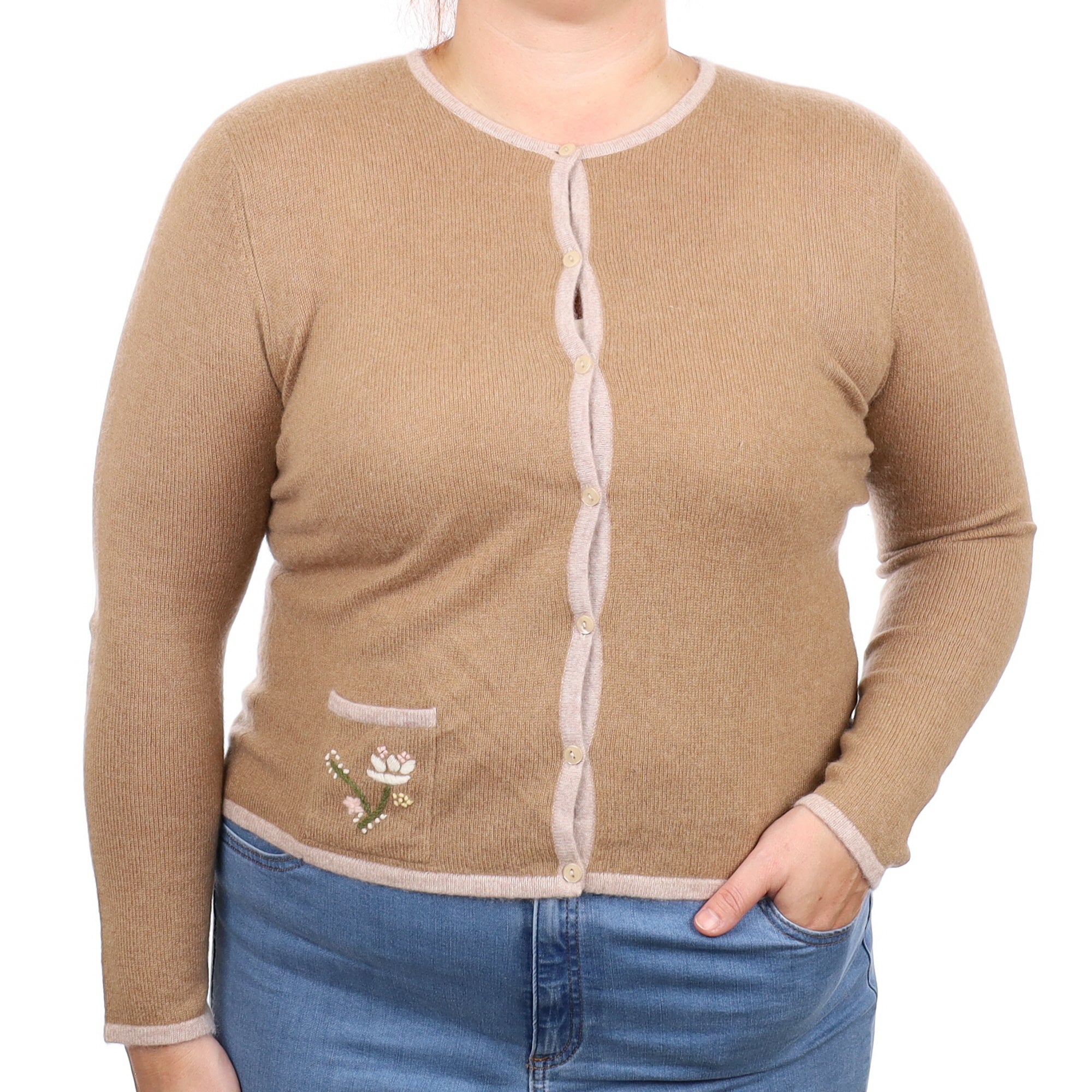 Caramel Cashmere Crew Neck Cardigan With Pocket Large