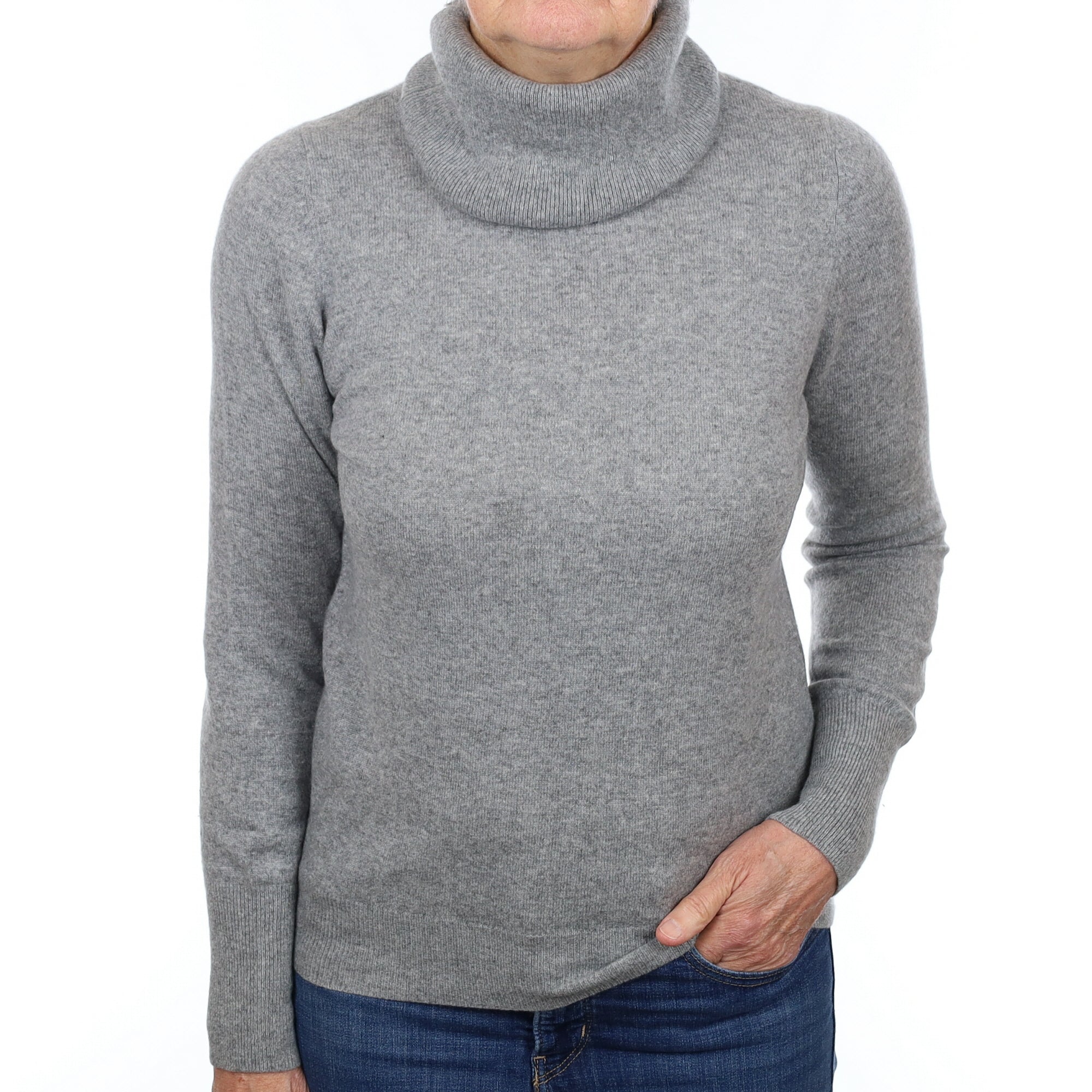 Ash Grey Cashmere Polo Neck Jumper Medium