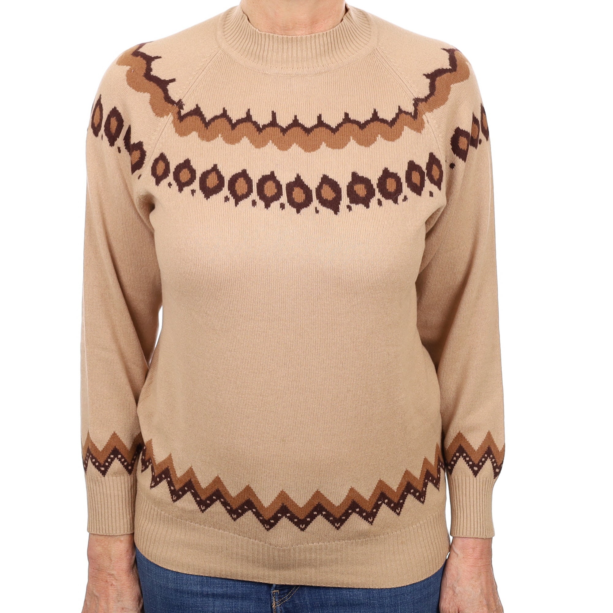Caramel Brown Pattern Cashmere Turtle Neck Jumper Medium