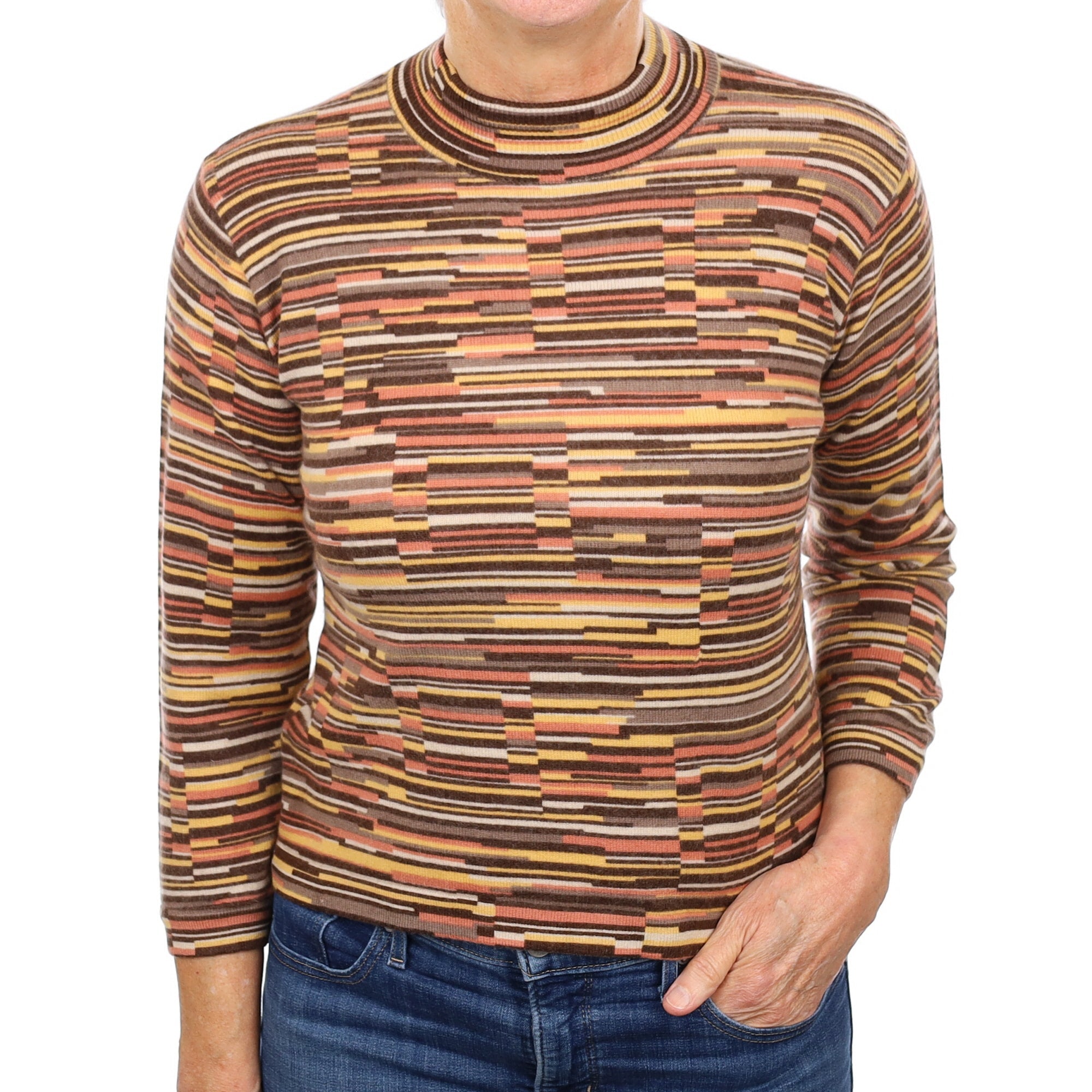 Brown Stripe Pattern Cashmere Turtle Neck Jumper Medium