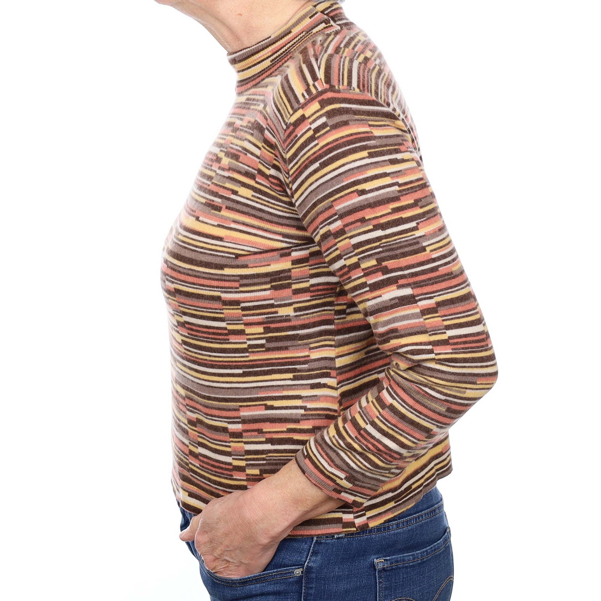 Brown Stripe Pattern Cashmere Turtle Neck Jumper Medium