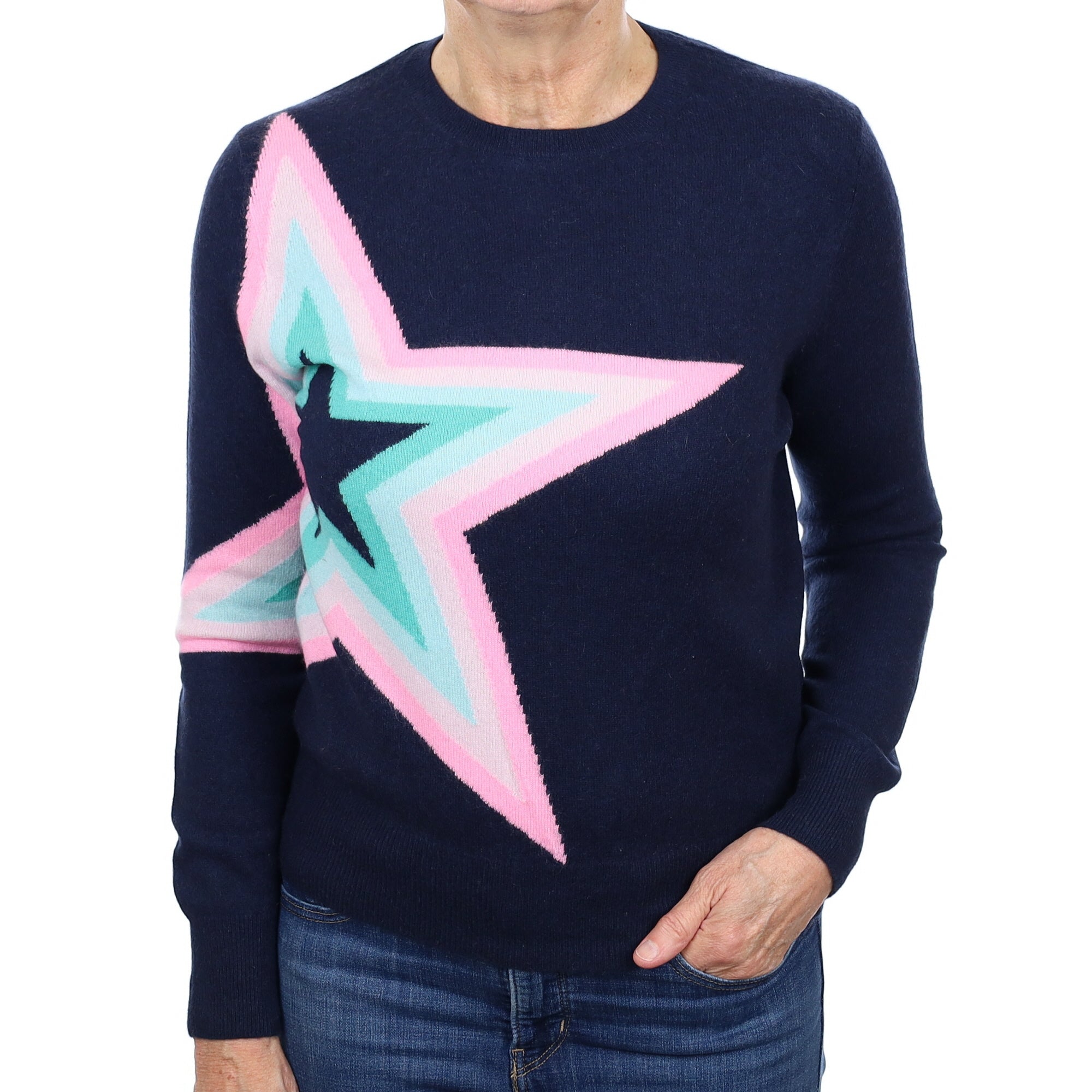 Navy Blue Star Cashmere Crew Neck Jumper Medium