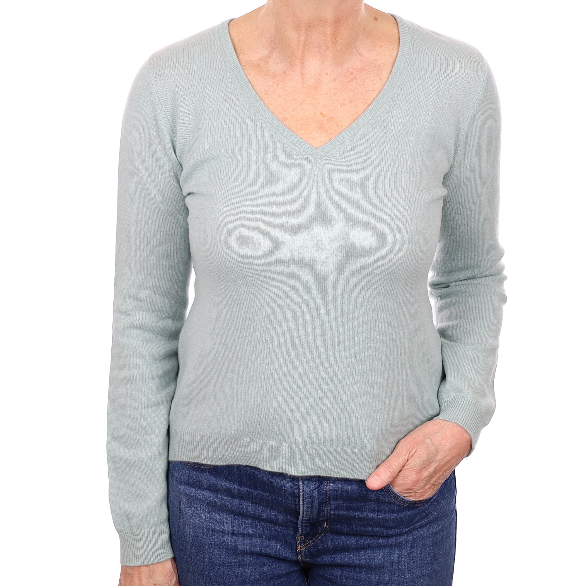 Duck Egg Green Cashmere V Neck Jumper Medium