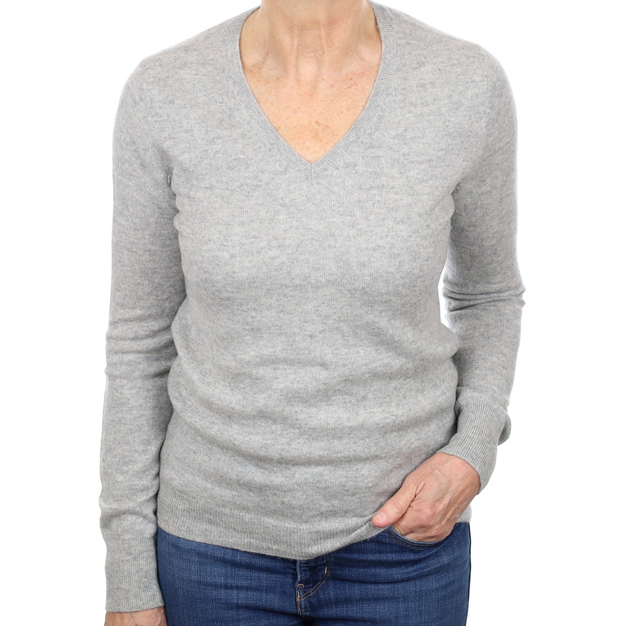 Smoke Grey Cashmere V Neck Jumper Medium