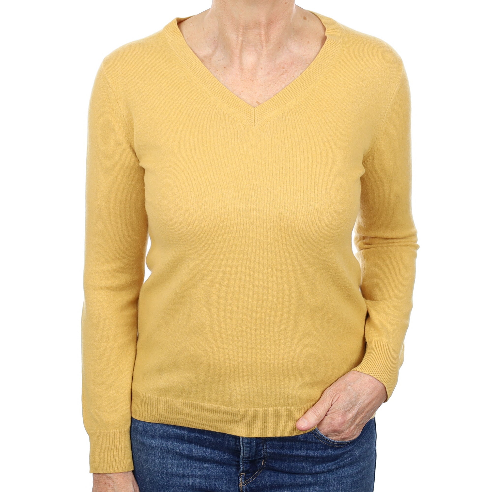 Mustard Yellow Cashmere V Neck Jumper Medium