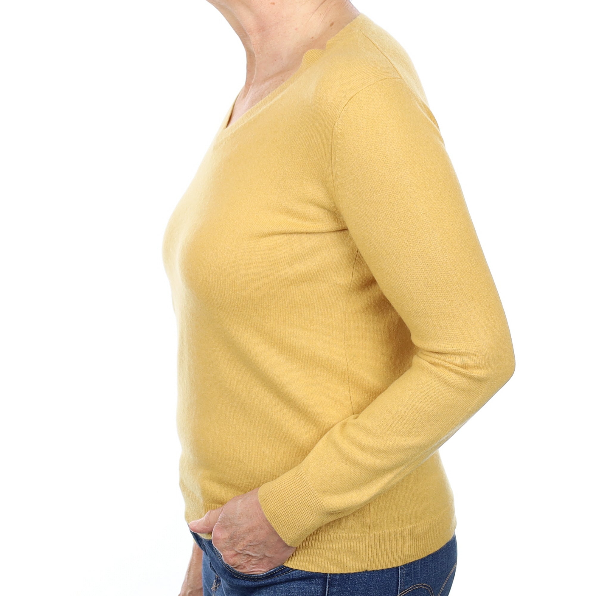 Mustard Yellow Cashmere V Neck Jumper Medium