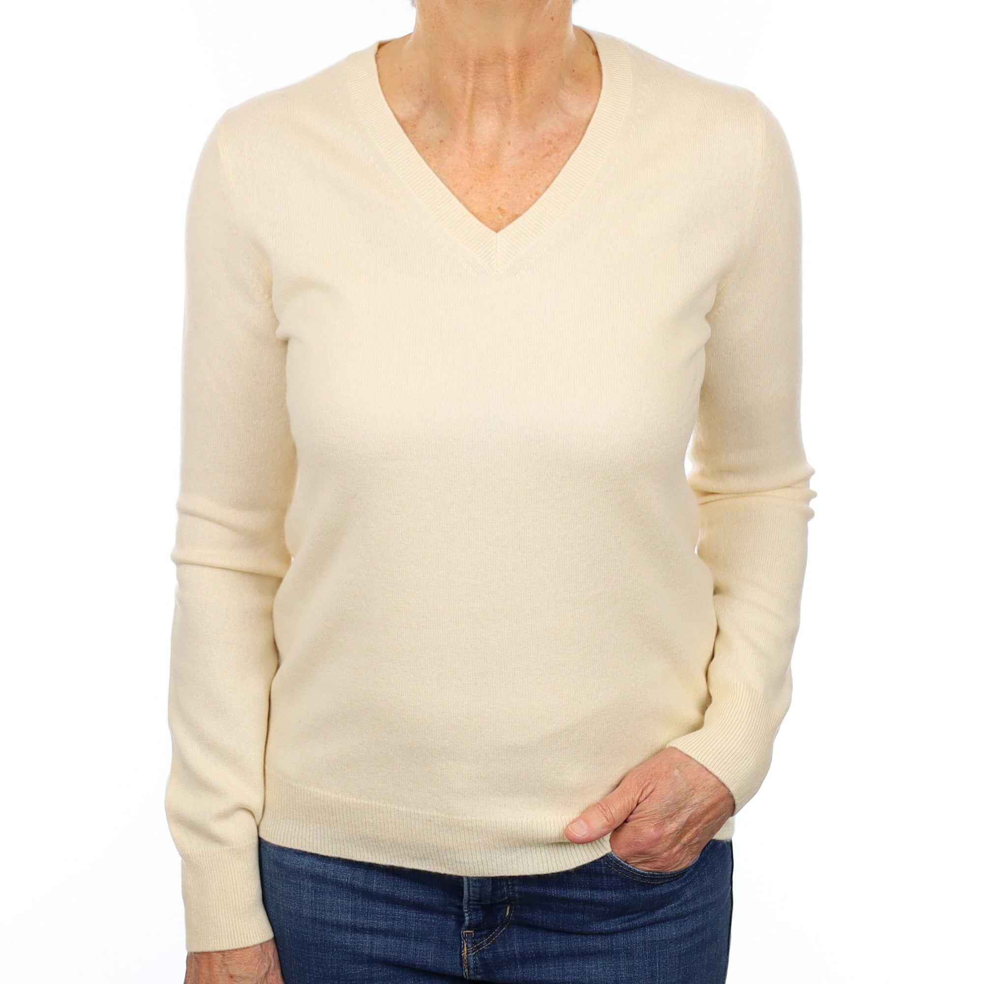 Vanilla Cream Cashmere V Neck Jumper Medium