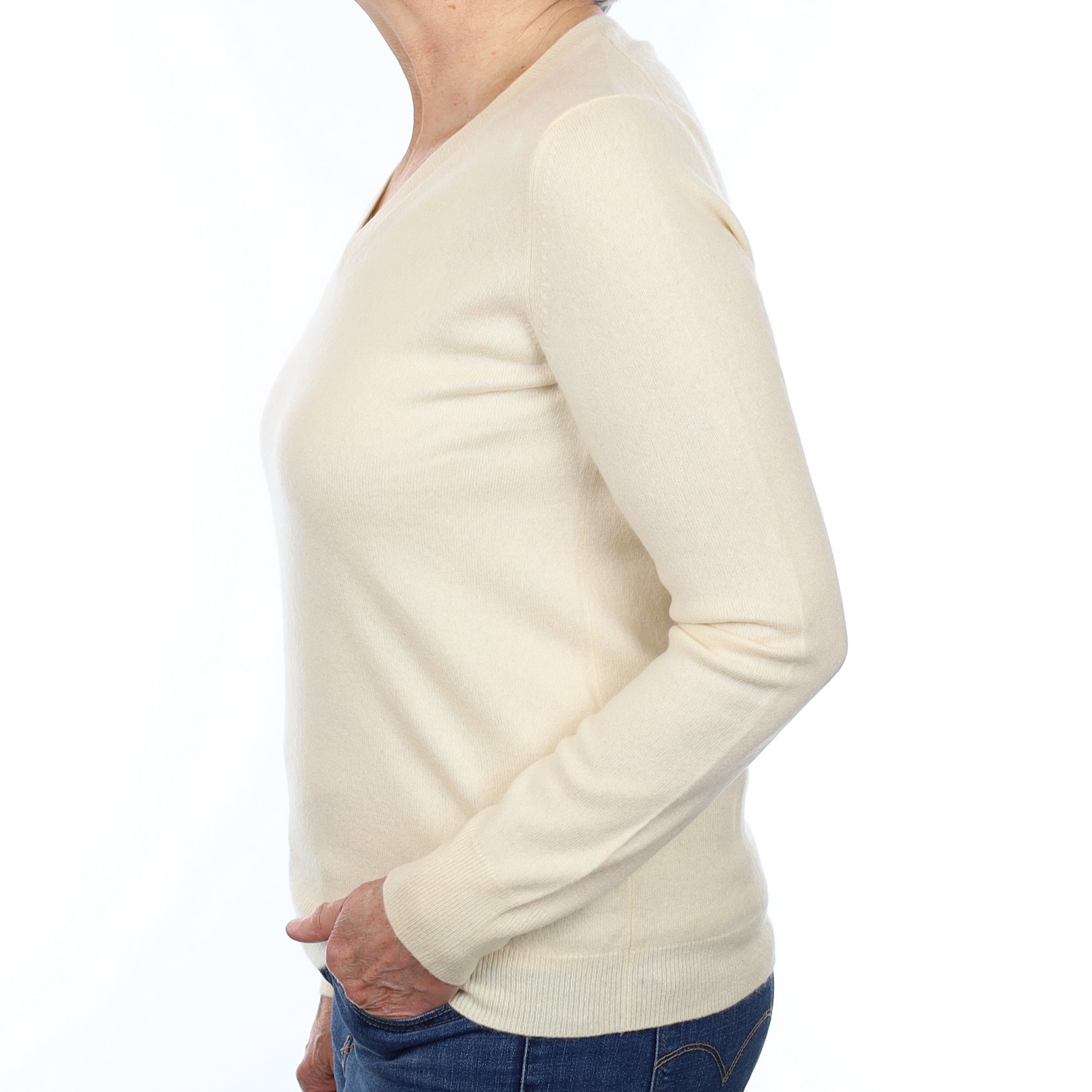 Vanilla Cream Cashmere V Neck Jumper Medium