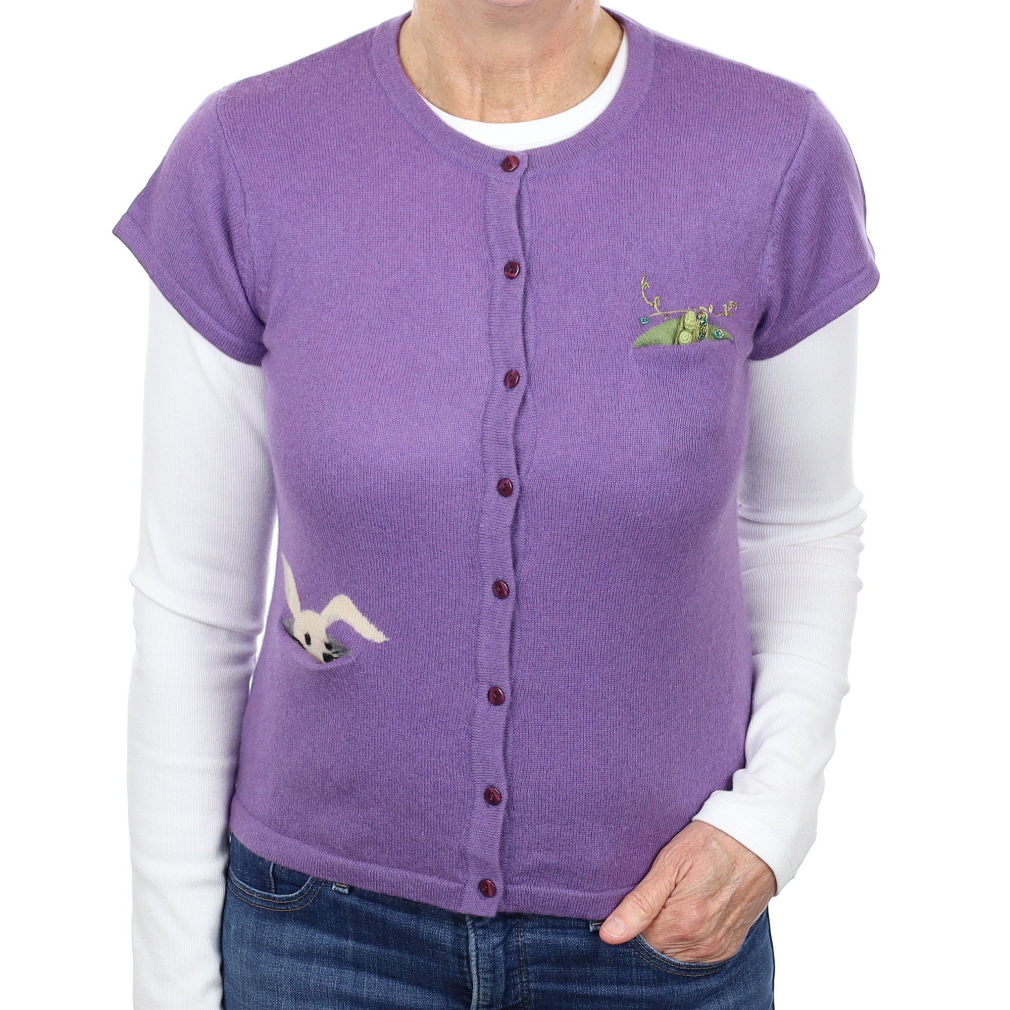 Purple Motif Cashmere Short Sleeve Cardigan Medium