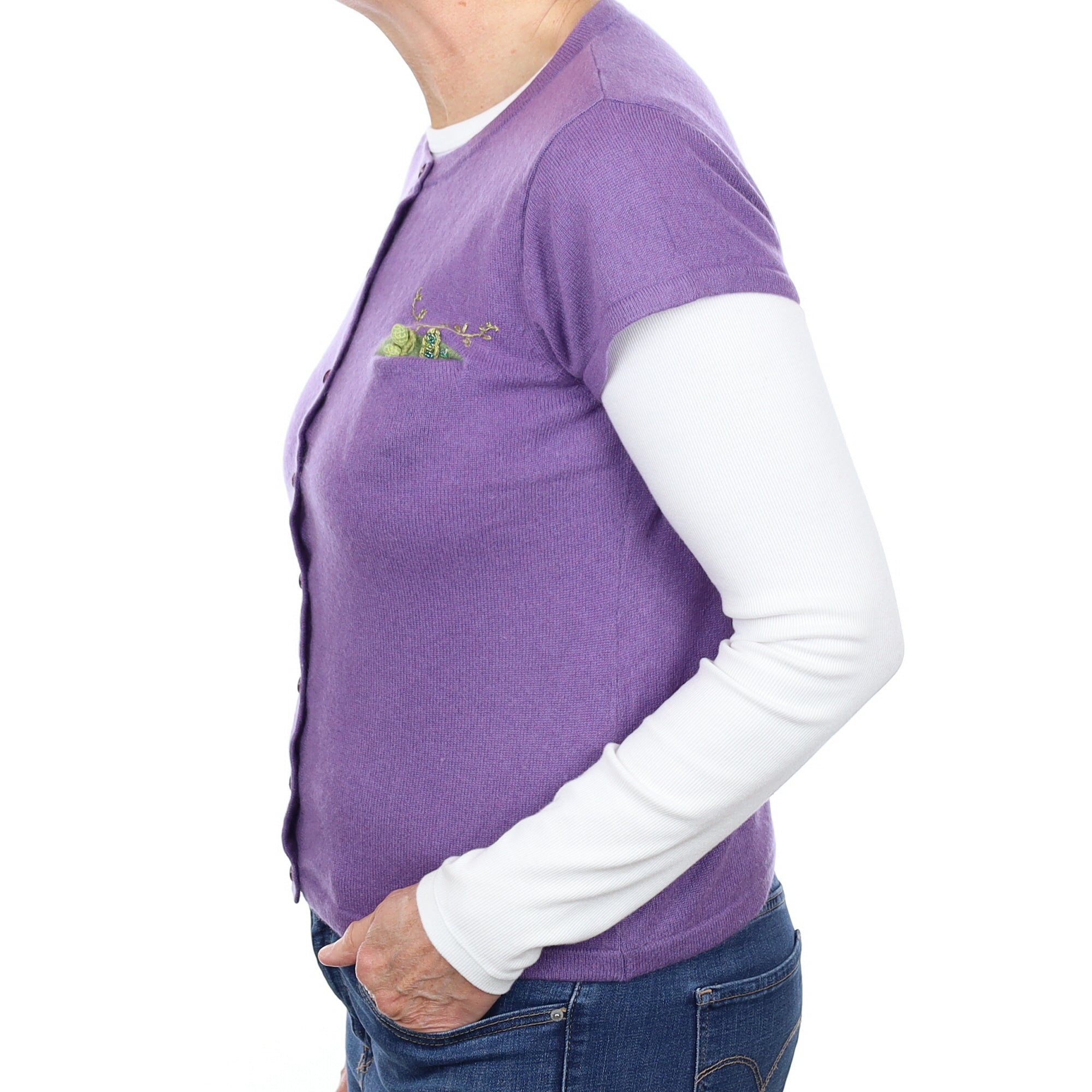 Purple Motif Cashmere Short Sleeve Cardigan Medium