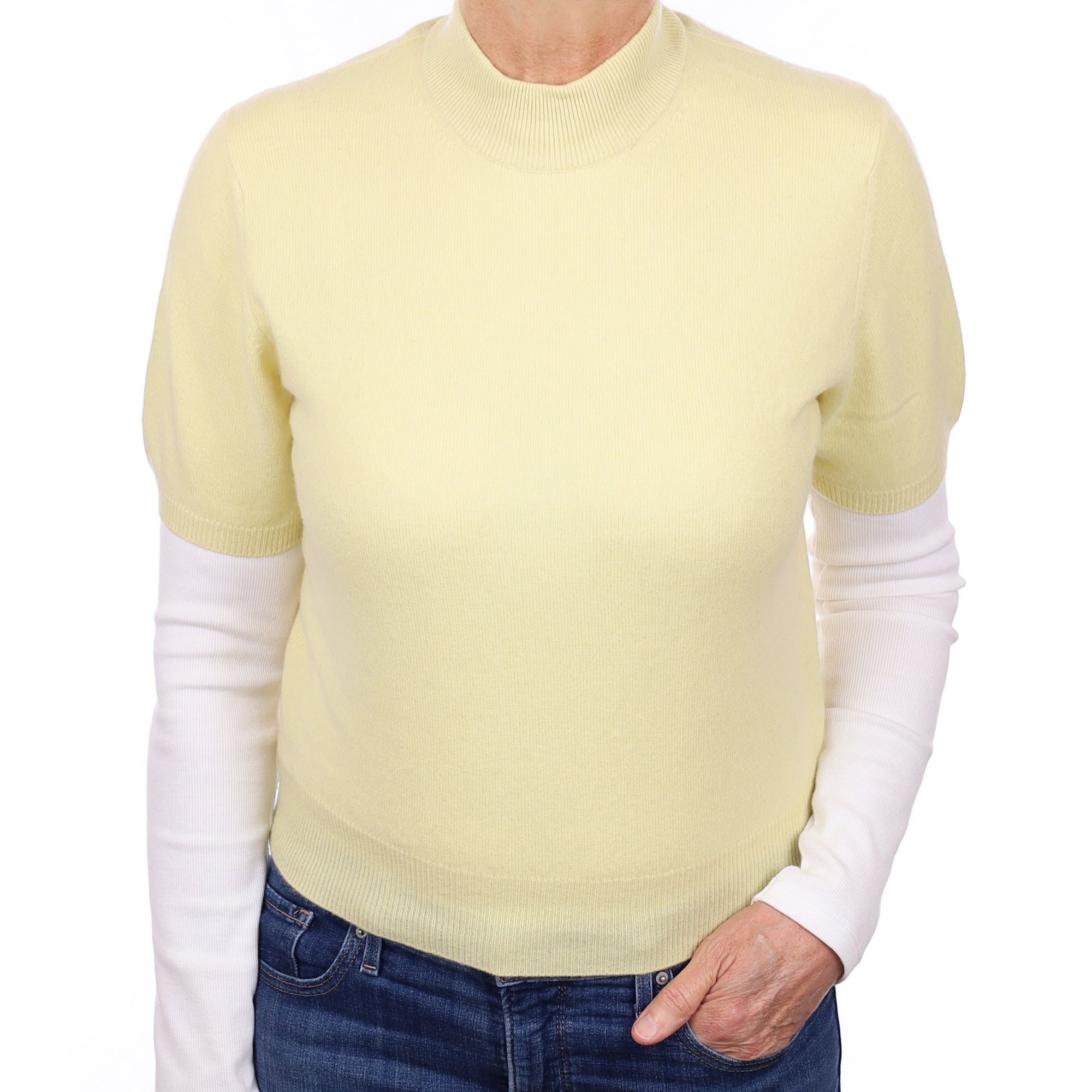Primrose Yellow Cashmere Short Sleeve Turtle Neck Jumper Medium