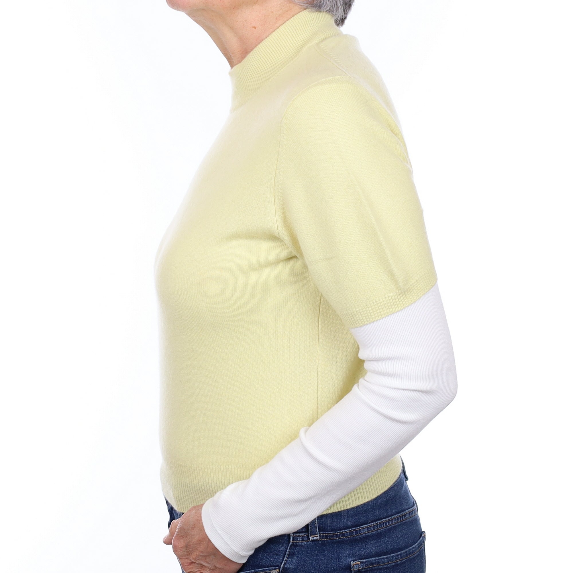 Primrose Yellow Cashmere Short Sleeve Turtle Neck Jumper Medium