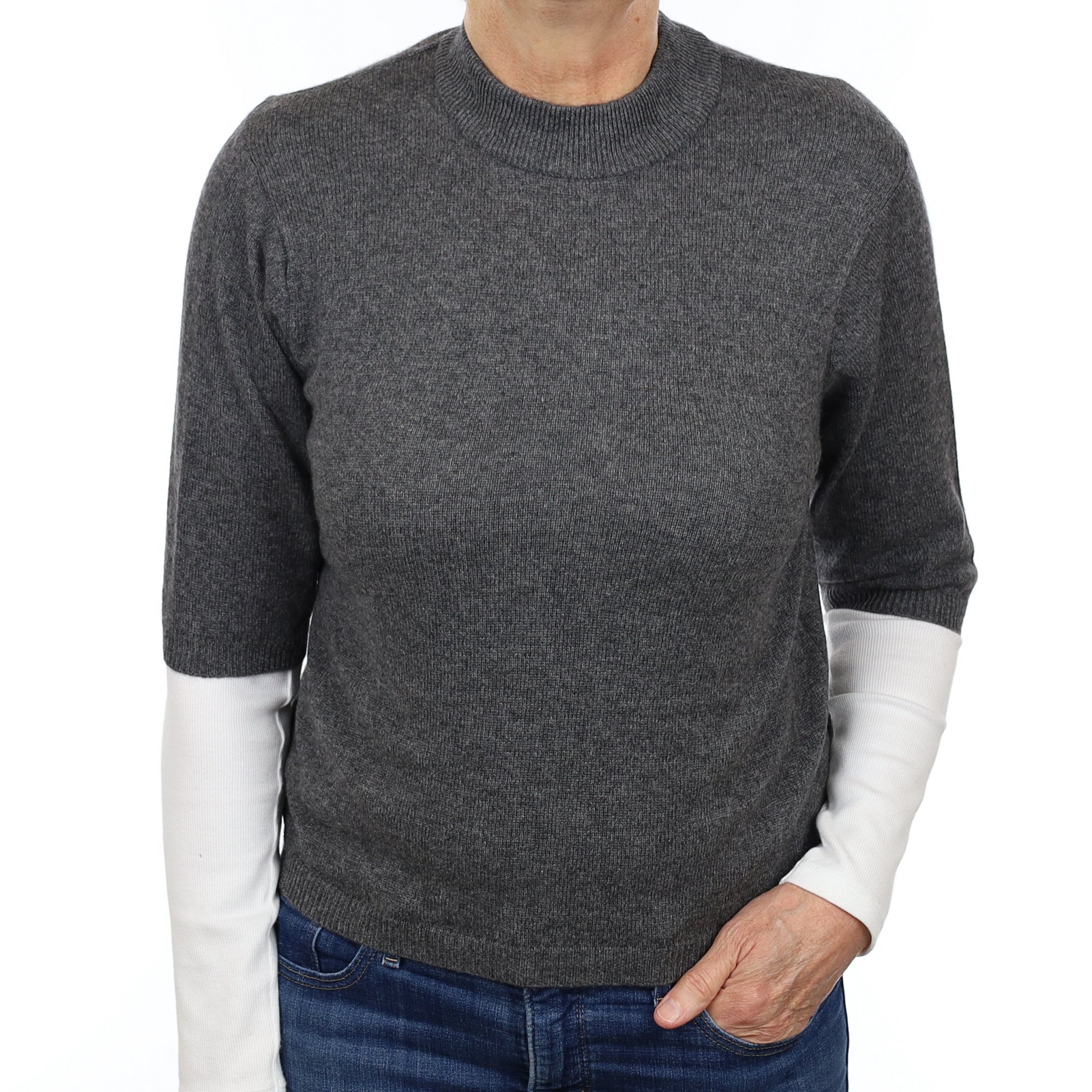 Slate Grey Cashmere Short Sleeve Turtle Neck Jumper Medium