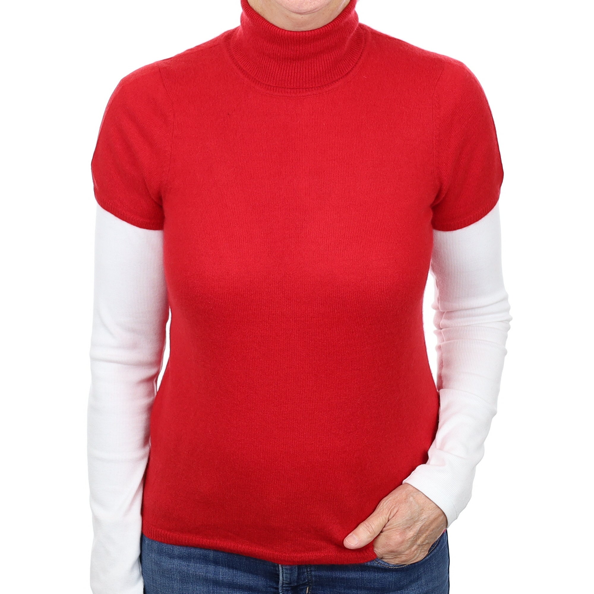 Post Box Red Cashmere Short Sleeve Polo Neck Jumper Medium