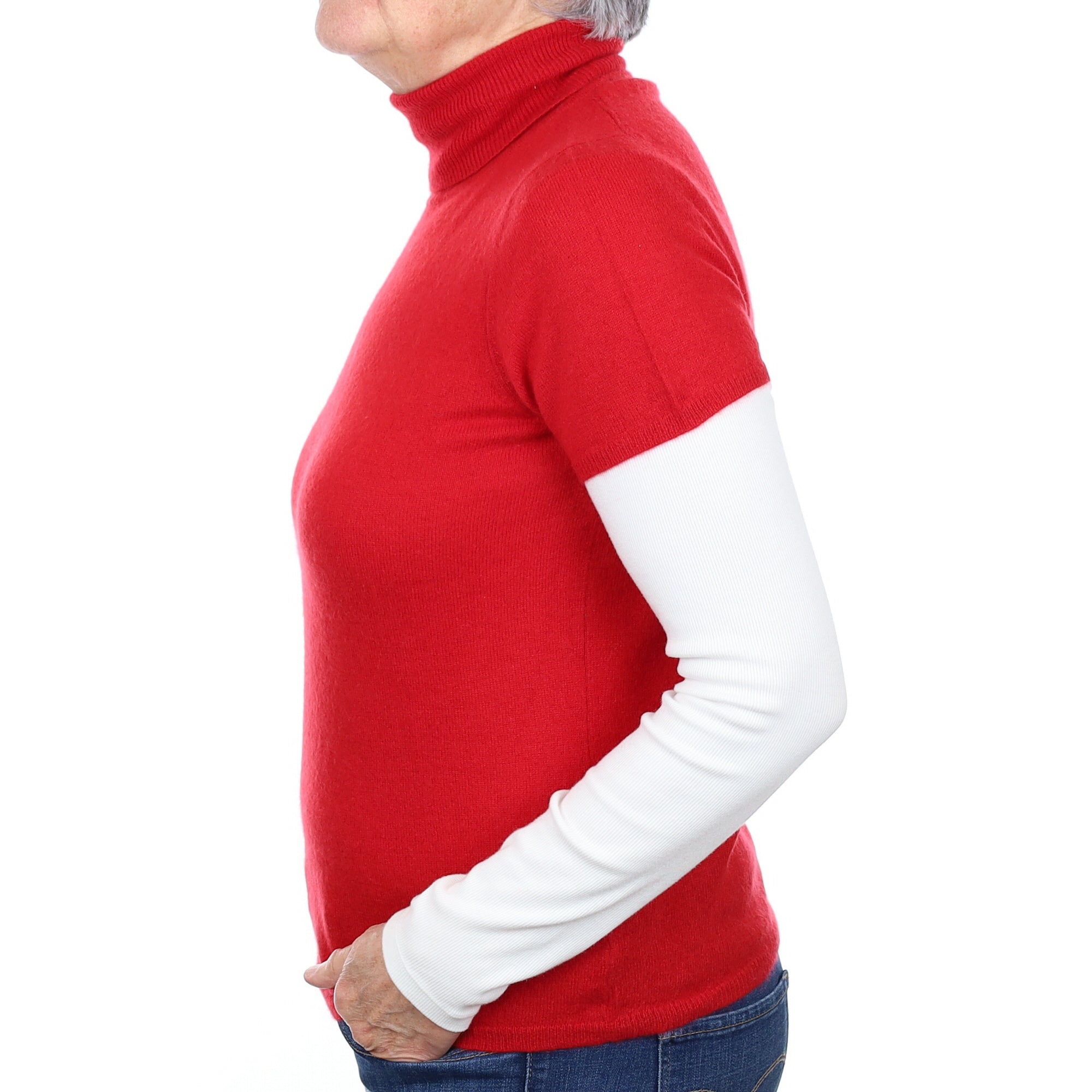 Post Box Red Cashmere Short Sleeve Polo Neck Jumper Medium