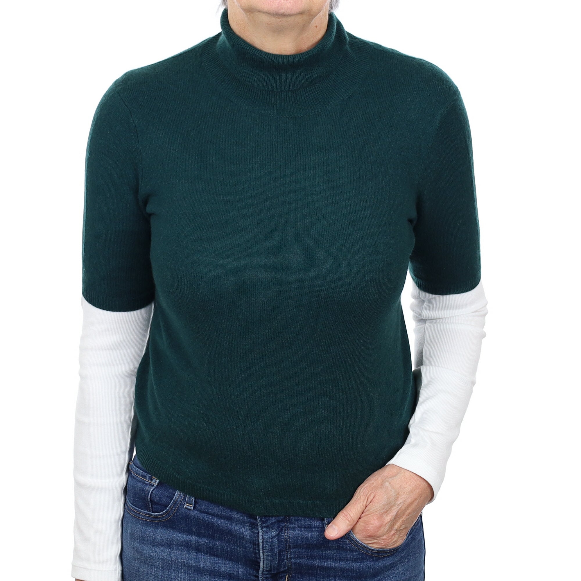 Bottle Green Cashmere Short Sleeve Polo Neck Jumper Medium